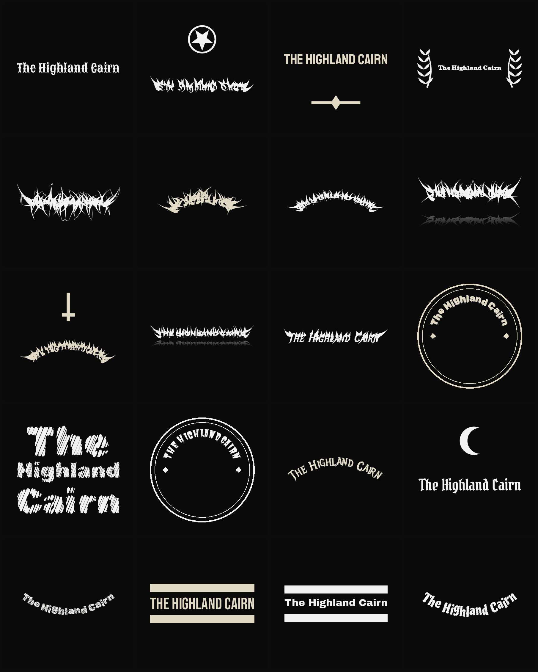 Twenty The Highland Cairn band logo ideas — different faces, treatments and spike settings
