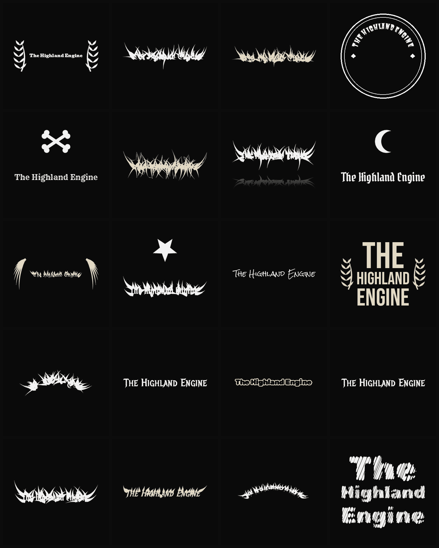 Twenty The Highland Engine band logo ideas — different faces, treatments and spike settings