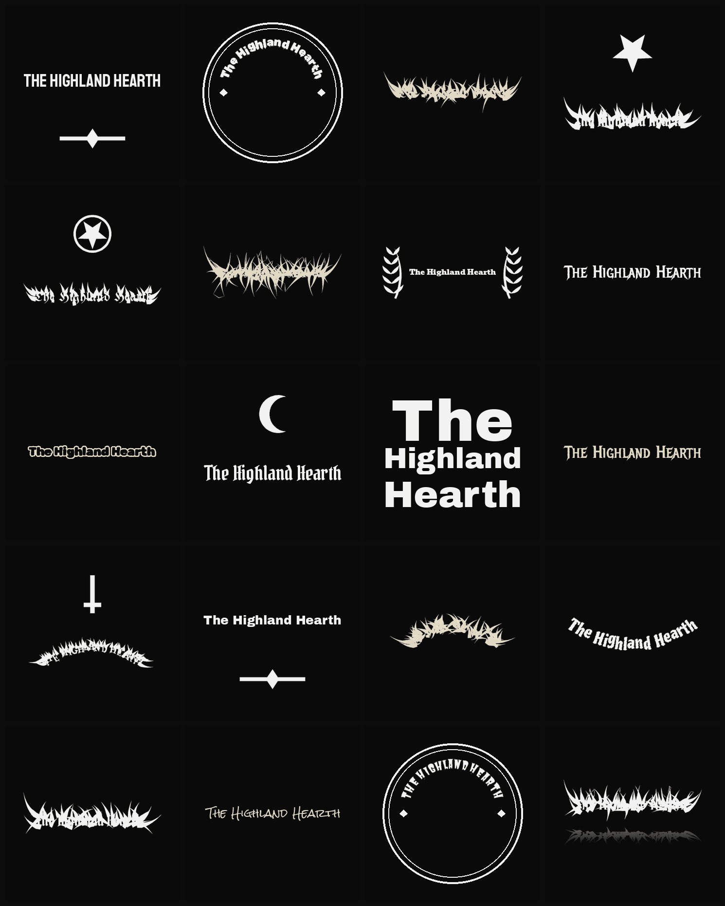 Twenty The Highland Hearth band logo ideas — different faces, treatments and spike settings