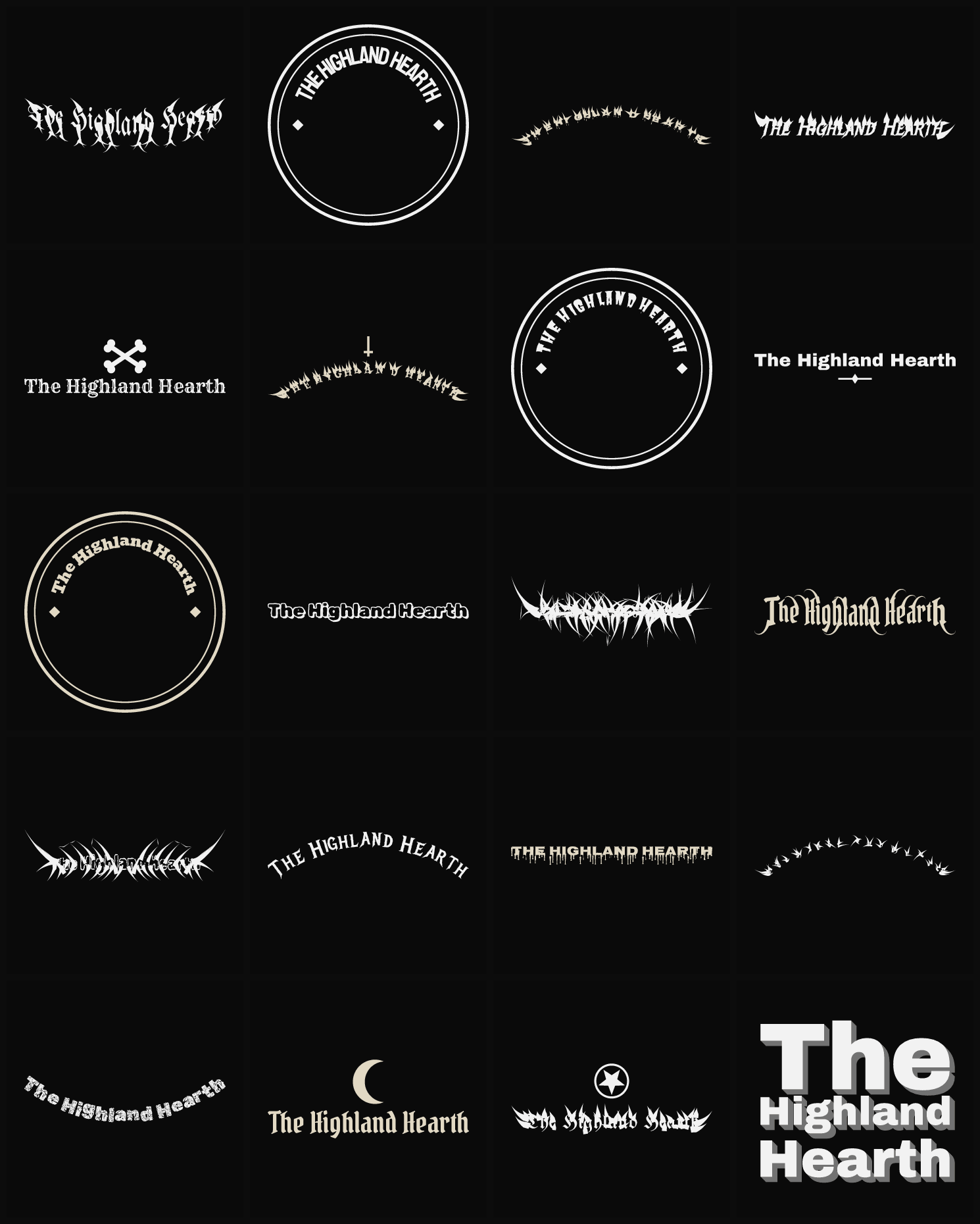 Twenty The Highland Hearth band logo ideas — different faces, treatments and spike settings