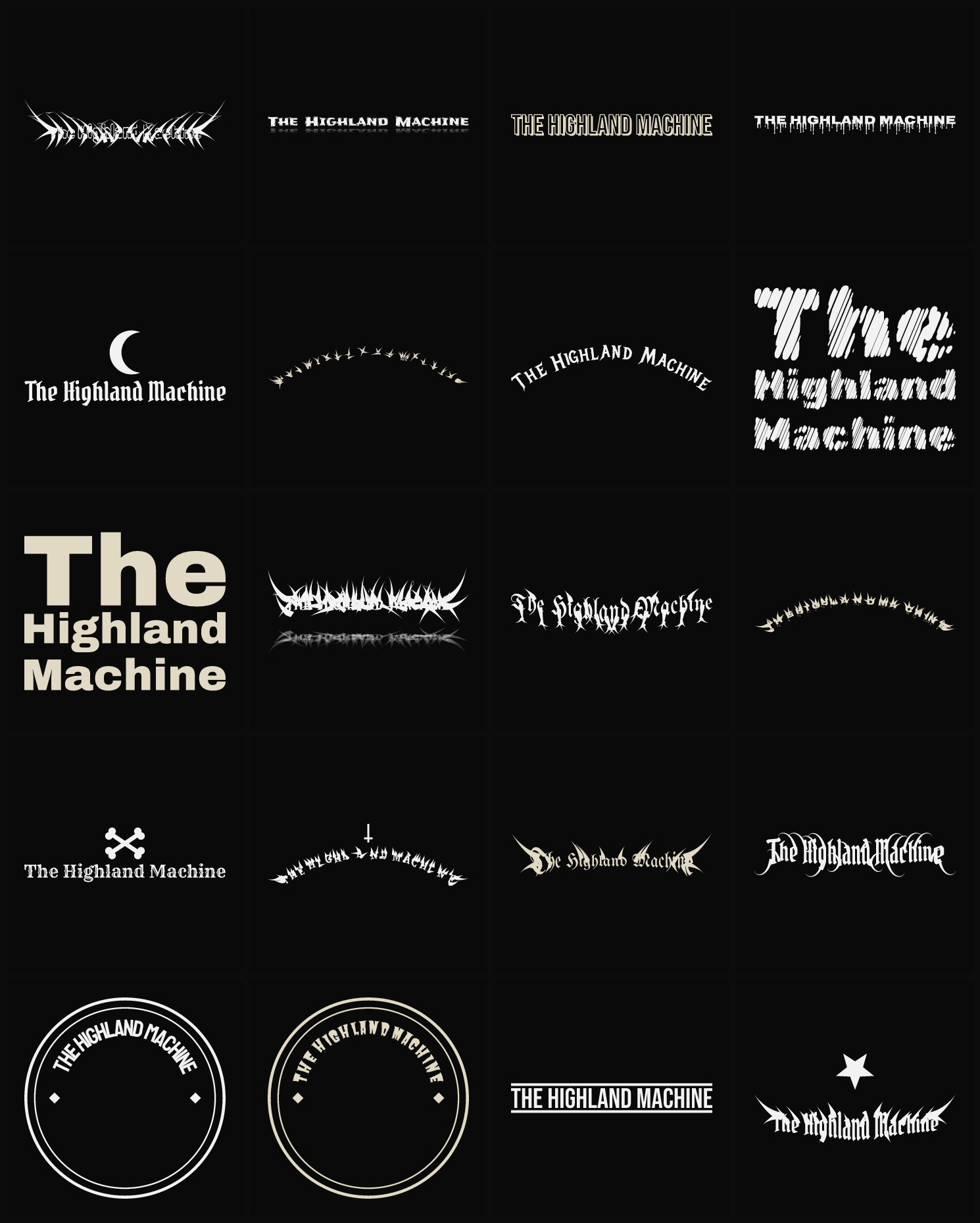 Twenty The Highland Machine band logo ideas — different faces, treatments and spike settings