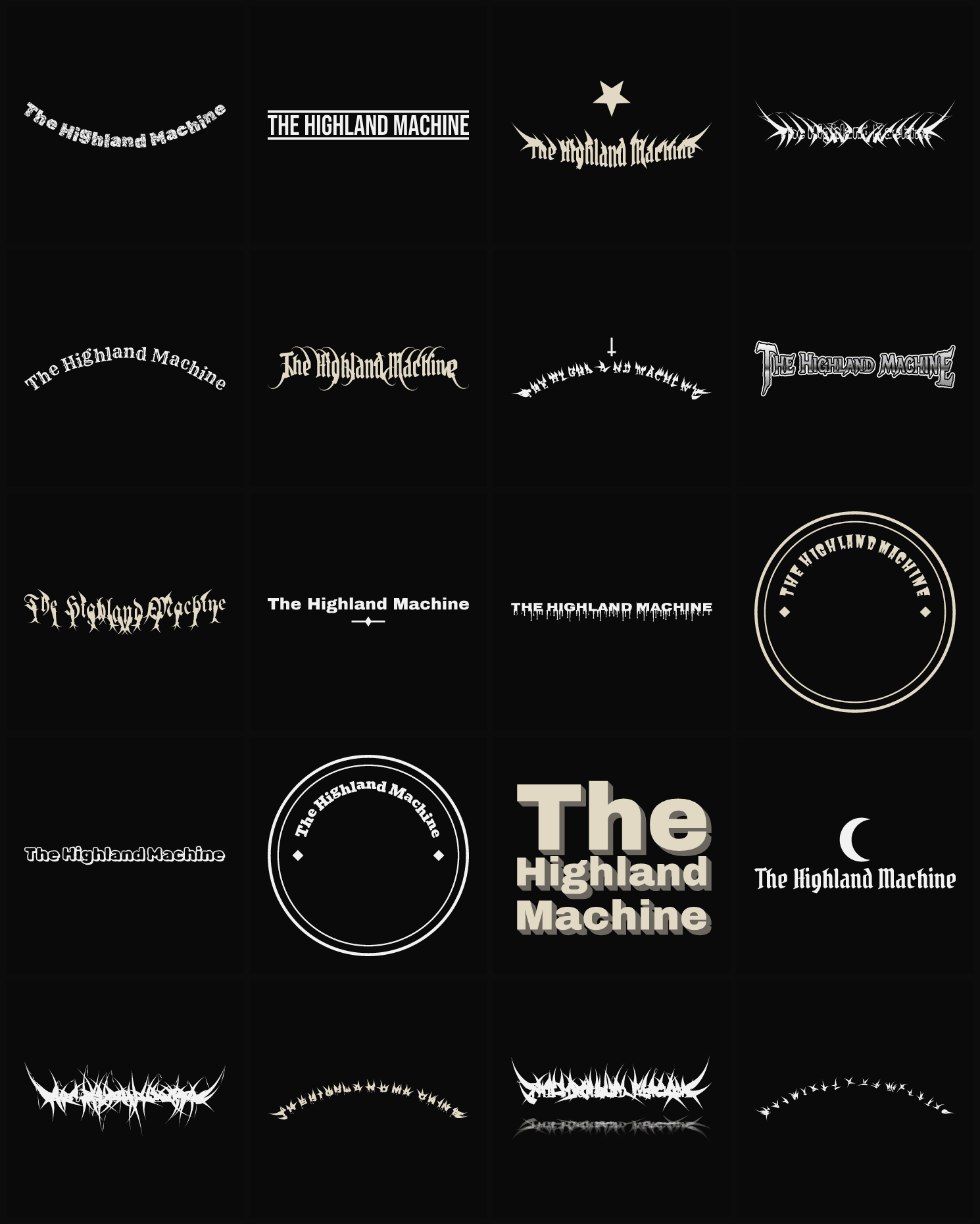 Twenty The Highland Machine band logo ideas — different faces, treatments and spike settings