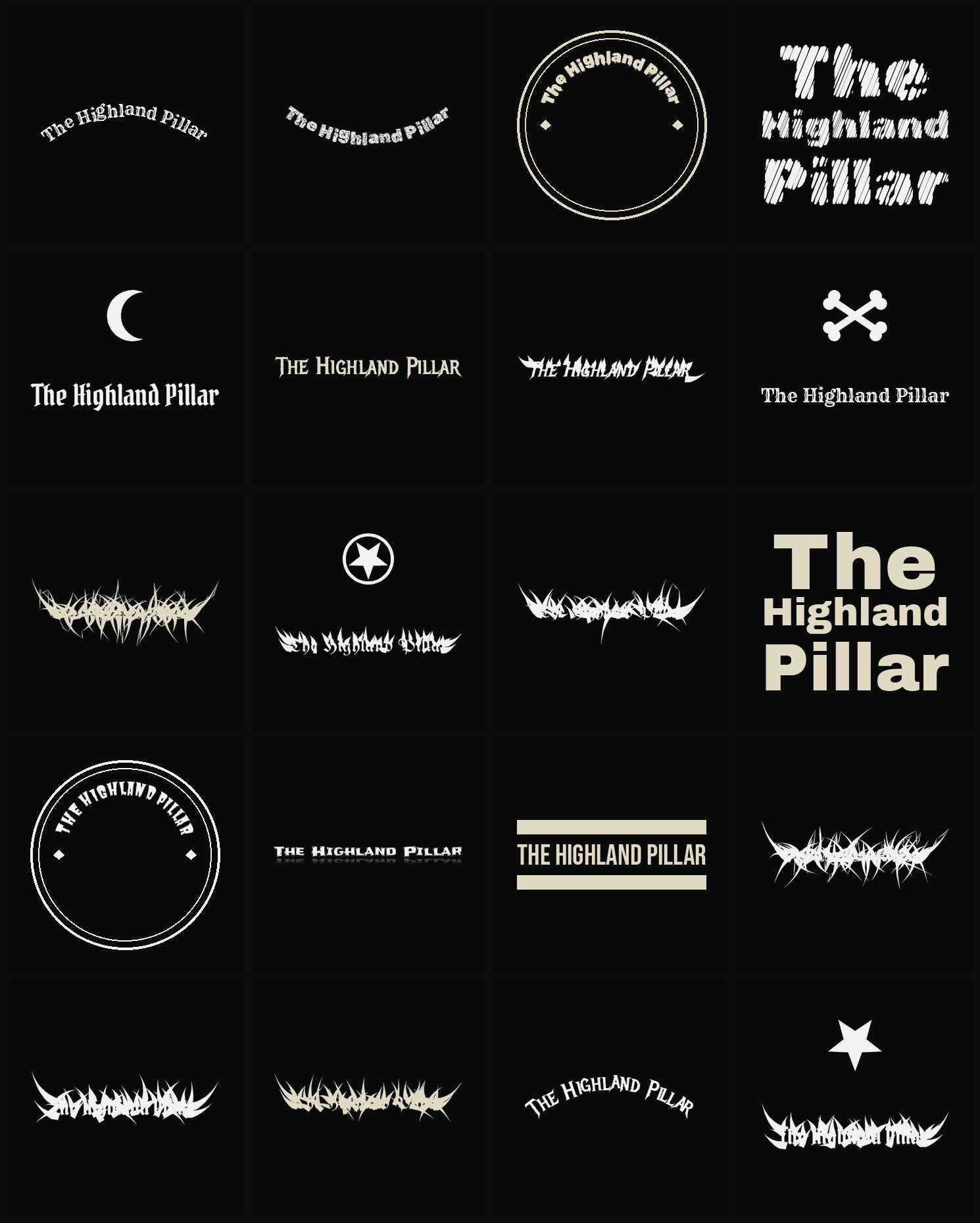 Twenty The Highland Pillar band logo ideas — different faces, treatments and spike settings