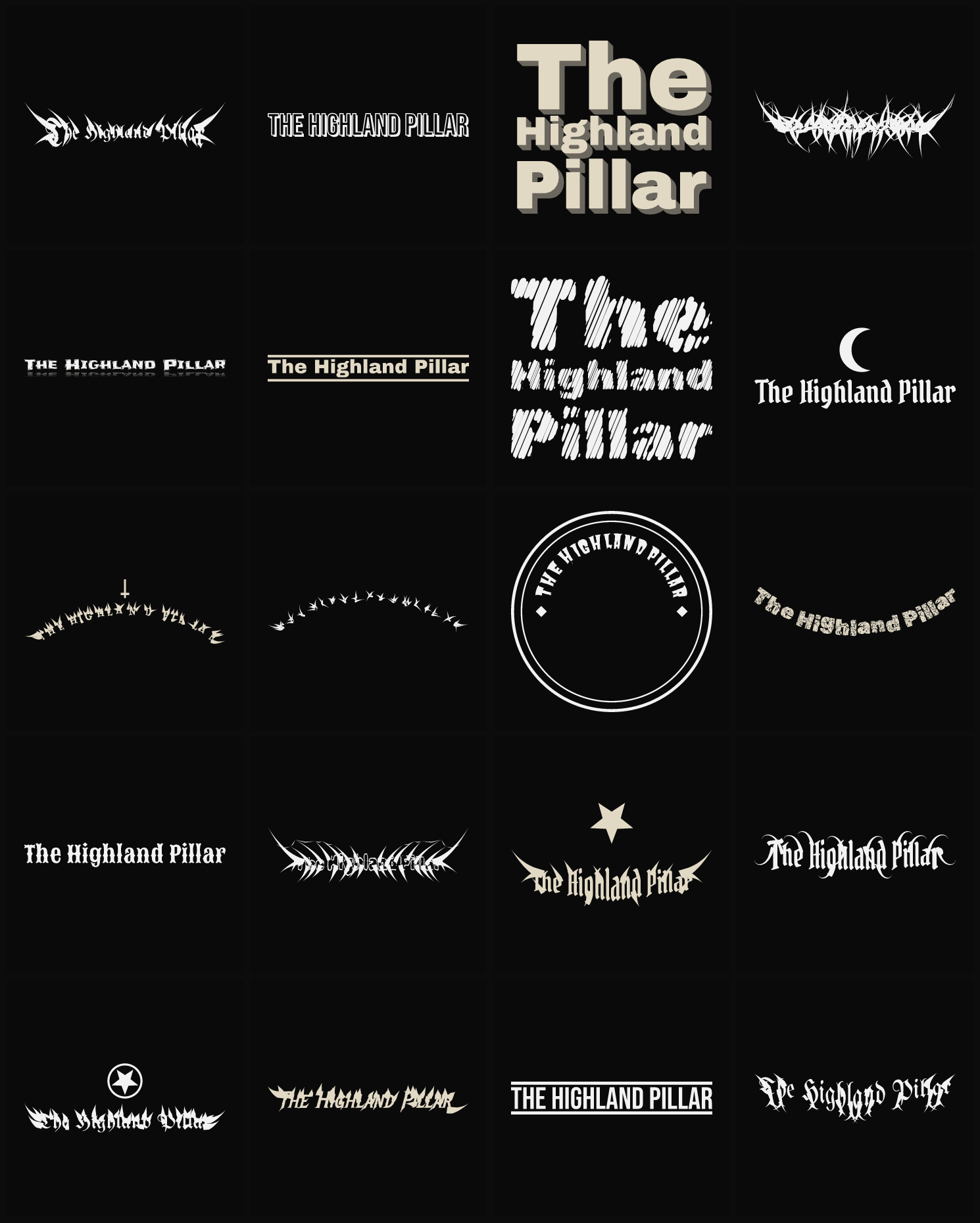 Twenty The Highland Pillar band logo ideas — different faces, treatments and spike settings