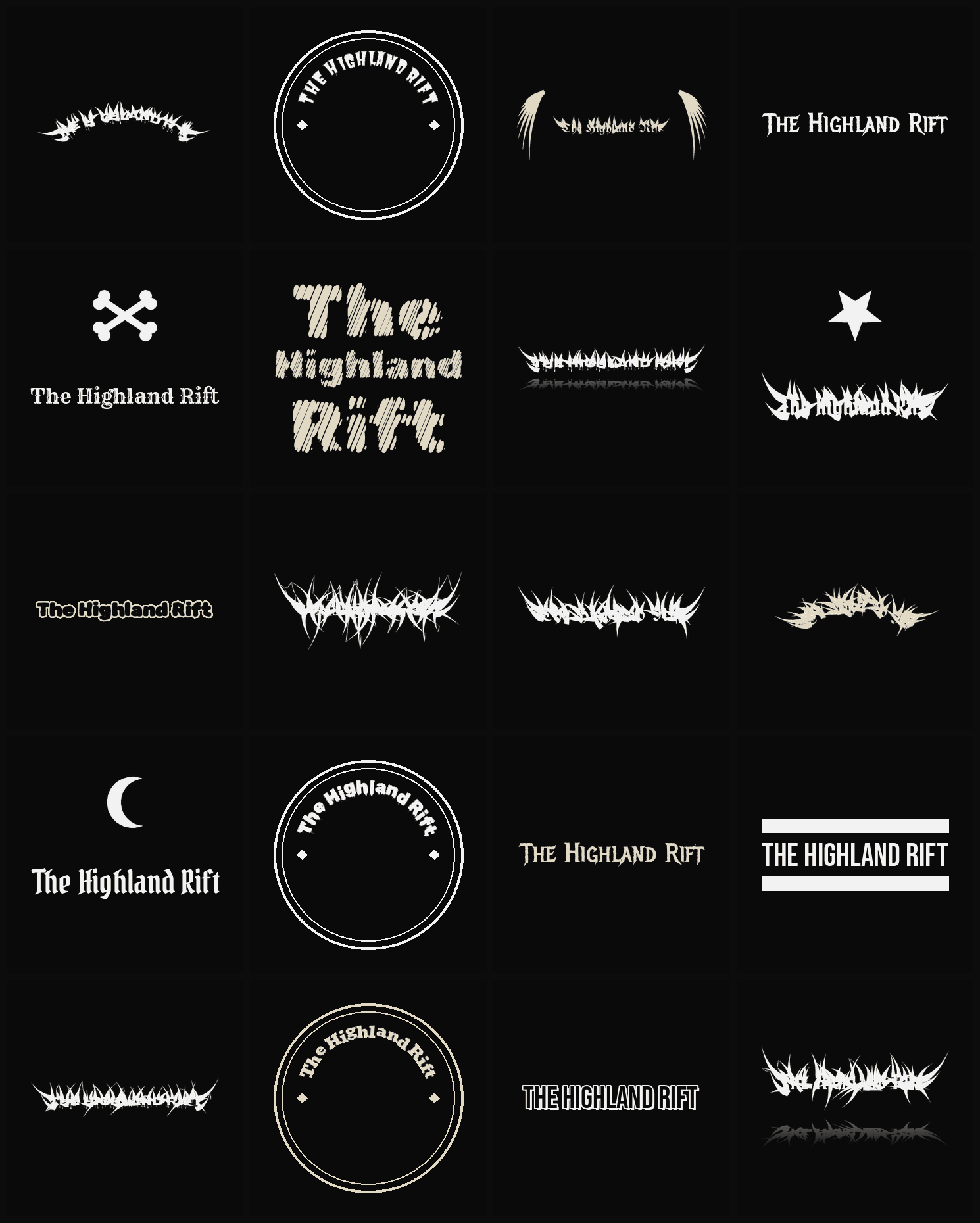 Twenty The Highland Rift band logo ideas — different faces, treatments and spike settings
