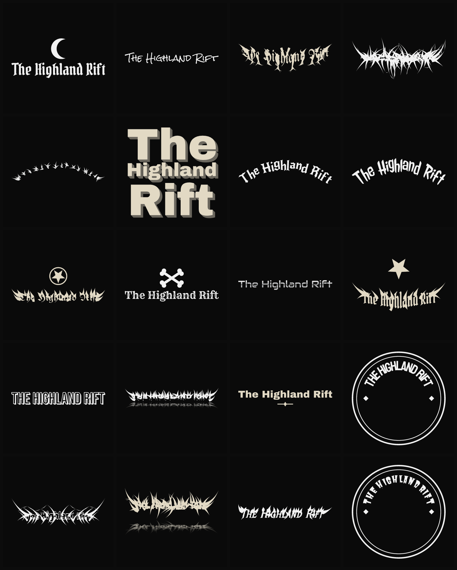 Twenty The Highland Rift band logo ideas — different faces, treatments and spike settings