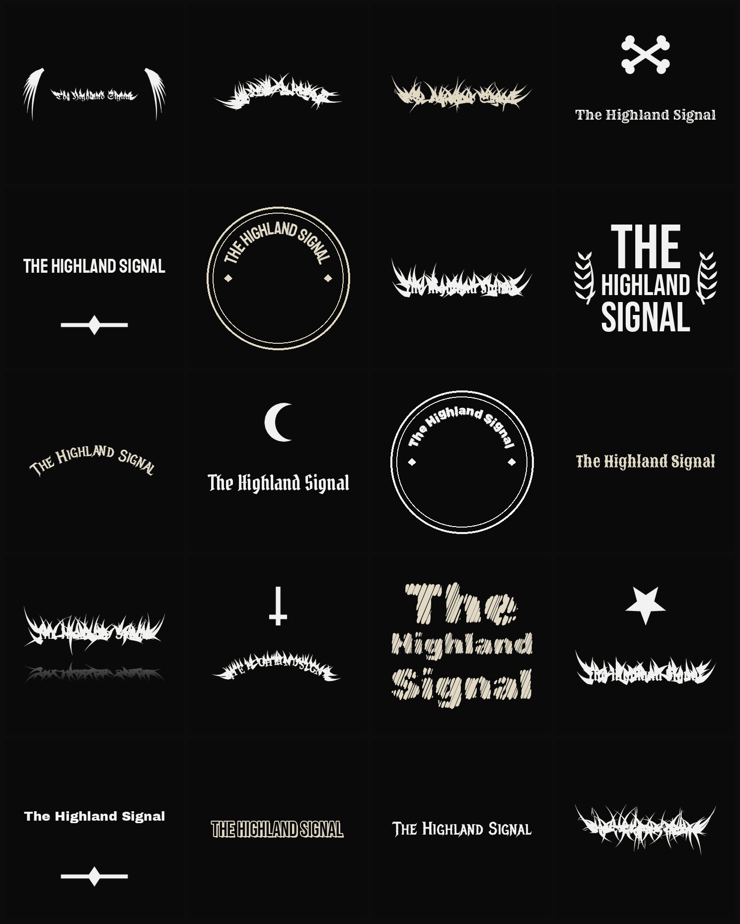 Twenty The Highland Signal band logo ideas — different faces, treatments and spike settings