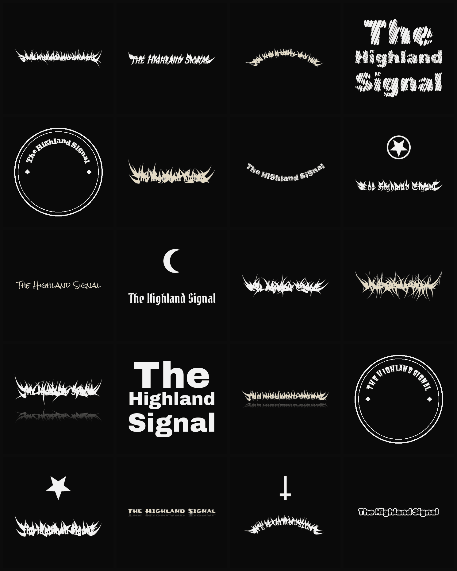 Twenty The Highland Signal band logo ideas — different faces, treatments and spike settings