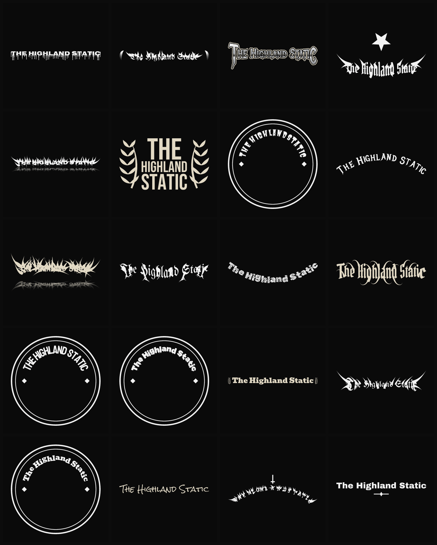 Twenty The Highland Static band logo ideas — different faces, treatments and spike settings