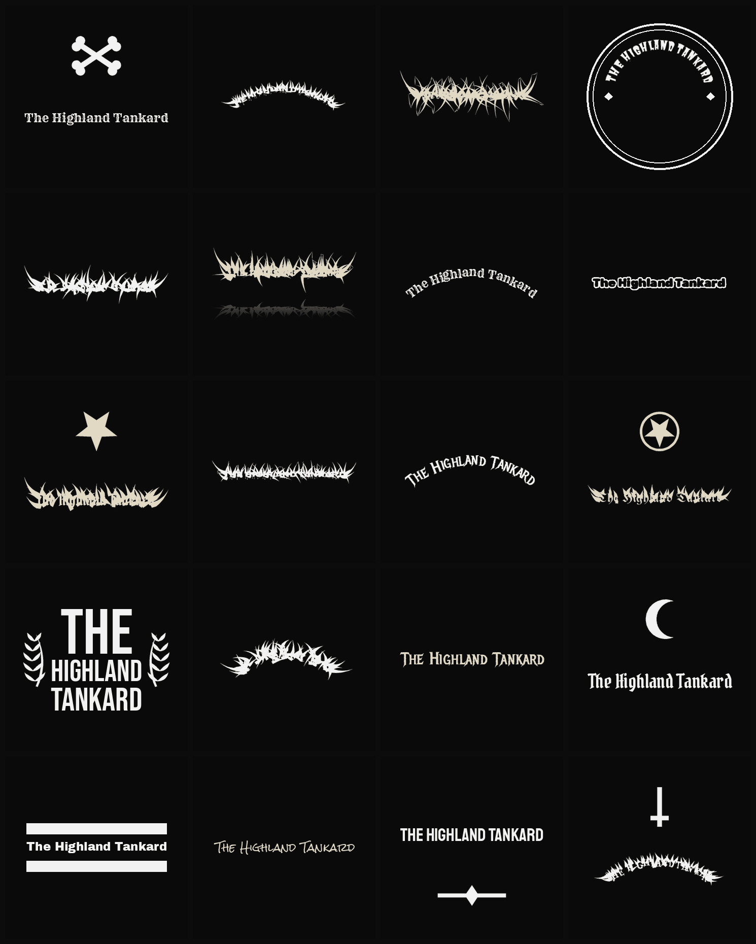 Twenty The Highland Tankard band logo ideas — different faces, treatments and spike settings