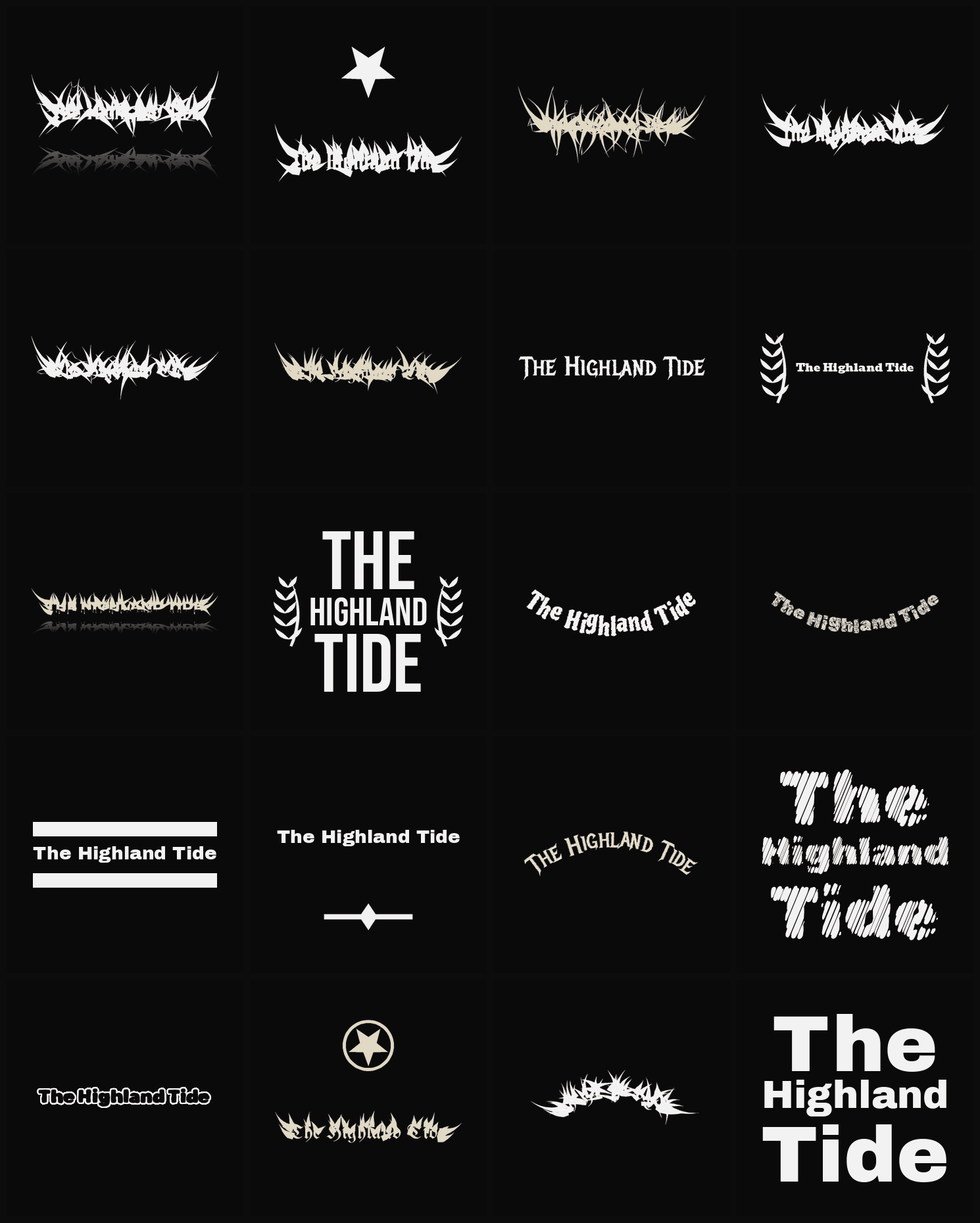 Twenty The Highland Tide band logo ideas — different faces, treatments and spike settings