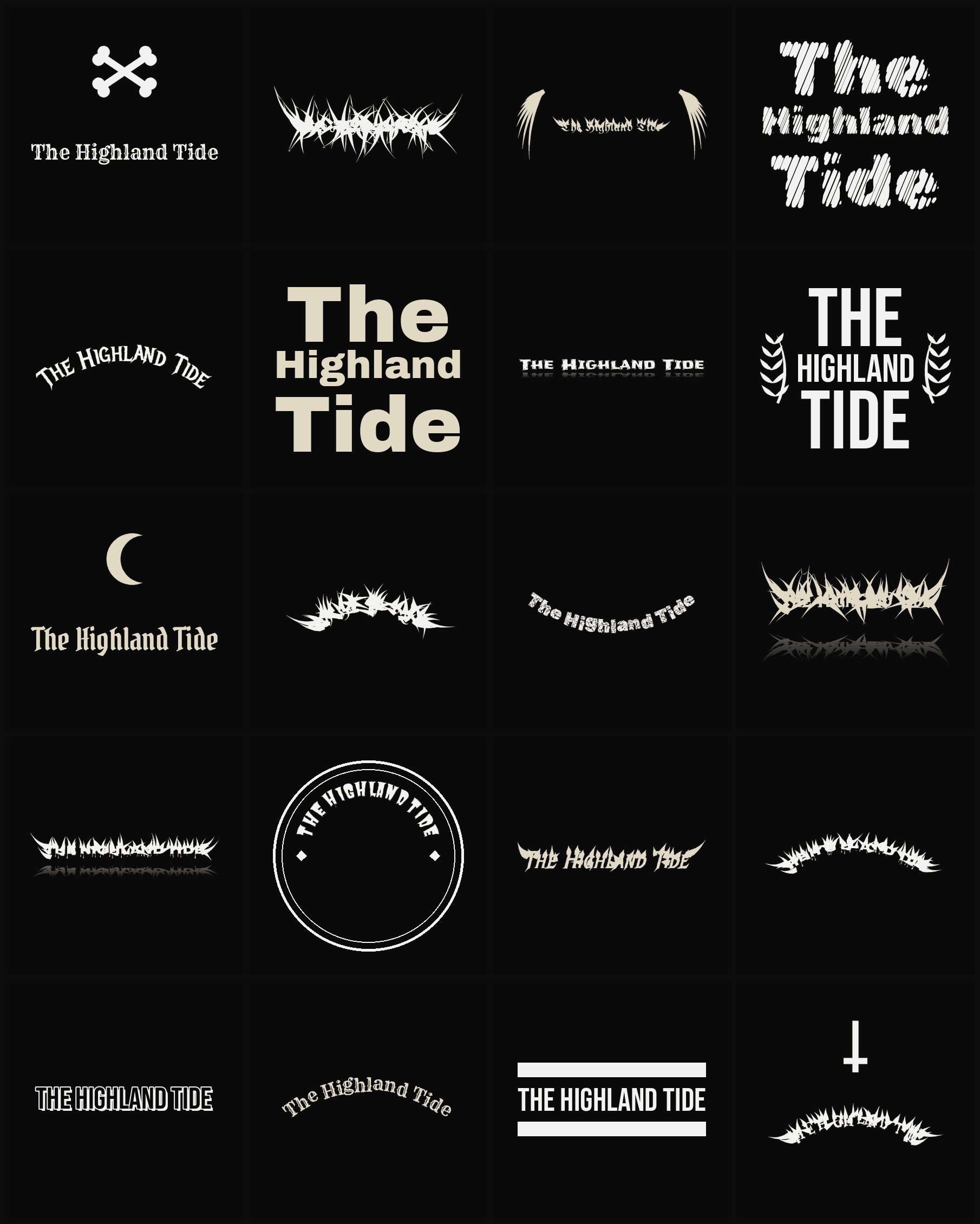 Twenty The Highland Tide band logo ideas — different faces, treatments and spike settings
