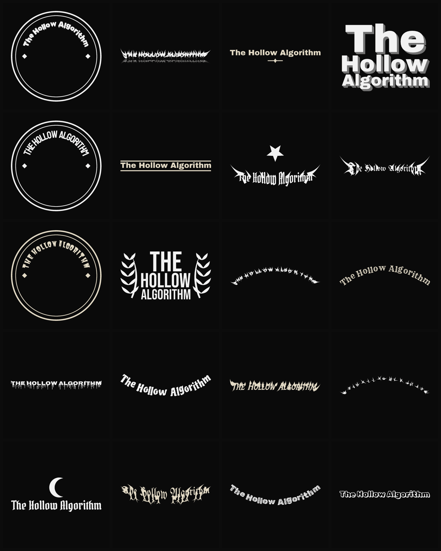 Twenty The Hollow Algorithm band logo ideas — different faces, treatments and spike settings