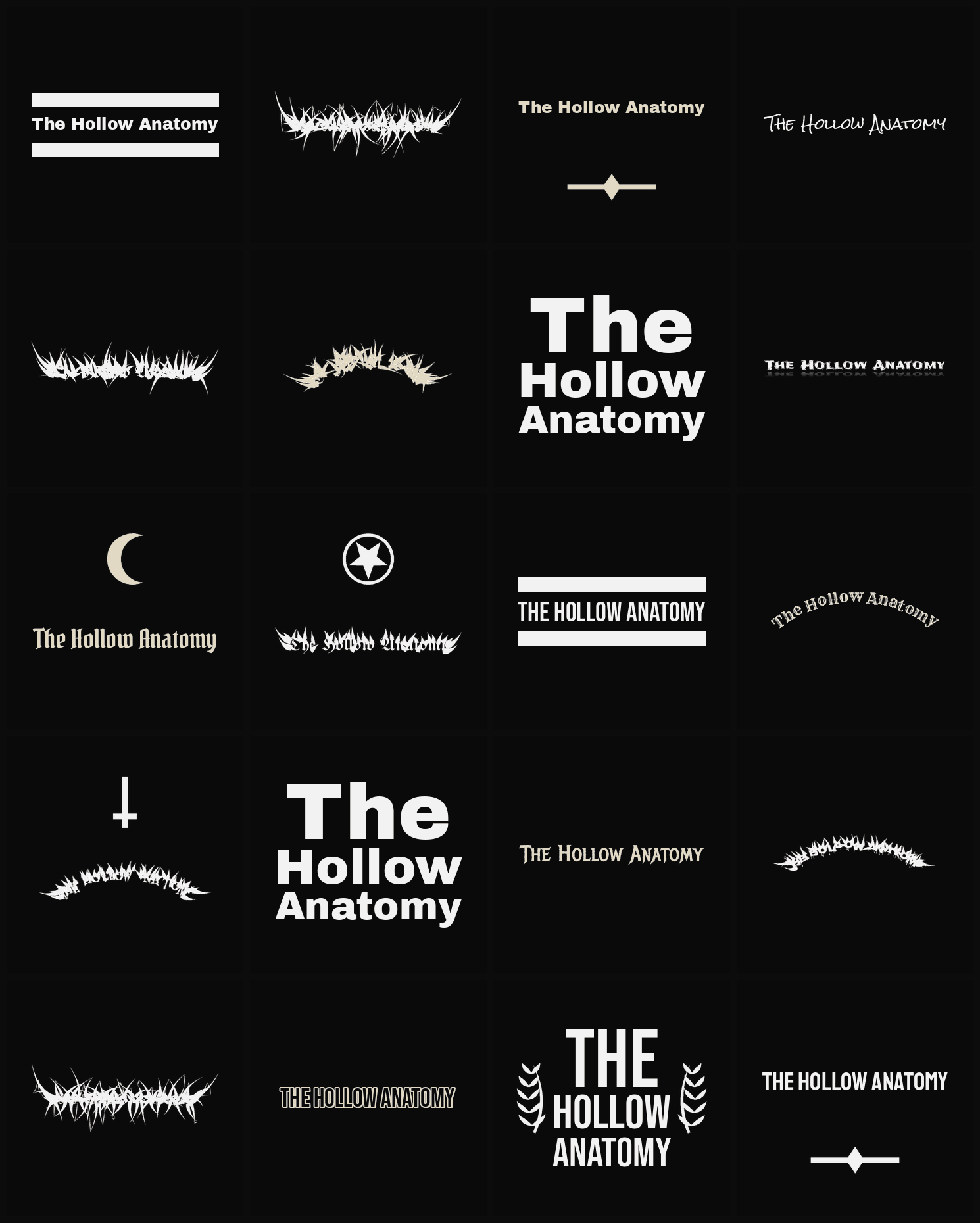 Twenty The Hollow Anatomy band logo ideas — different faces, treatments and spike settings