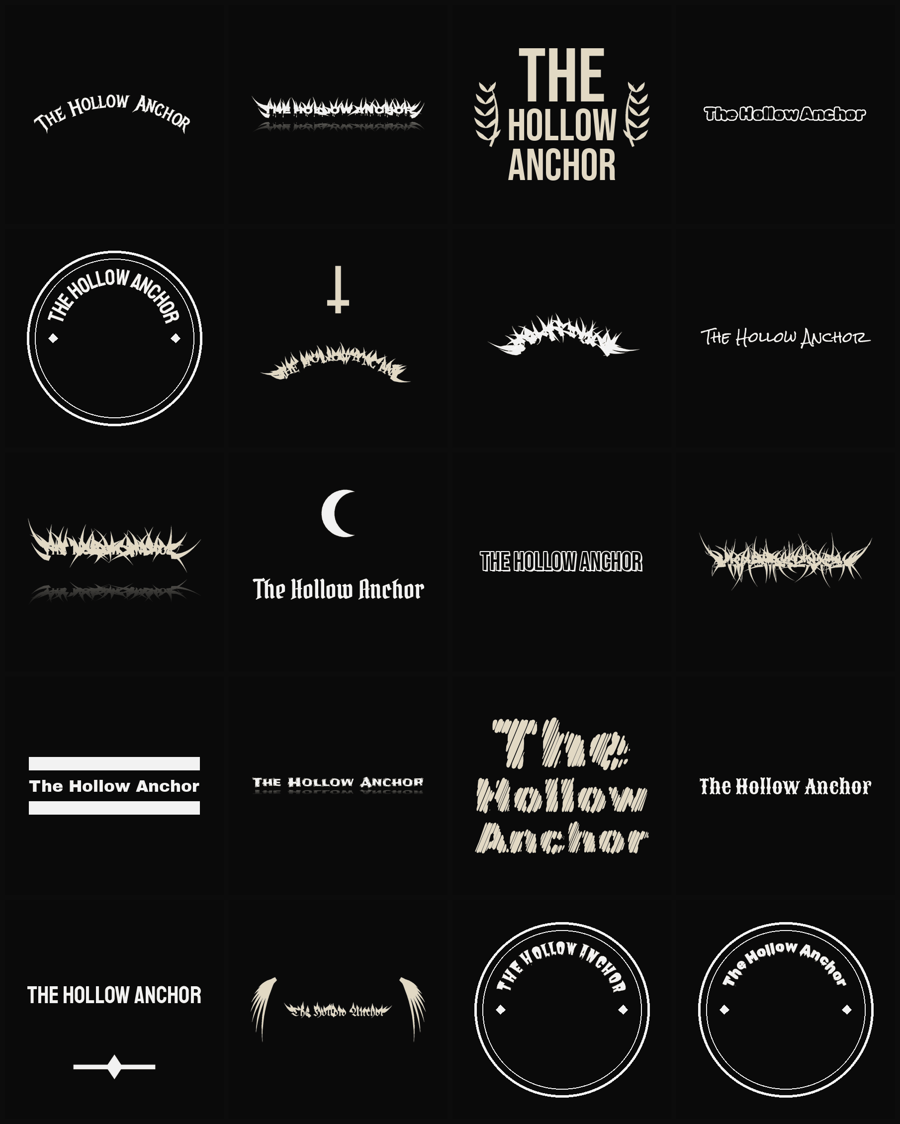 Twenty The Hollow Anchor band logo ideas — different faces, treatments and spike settings