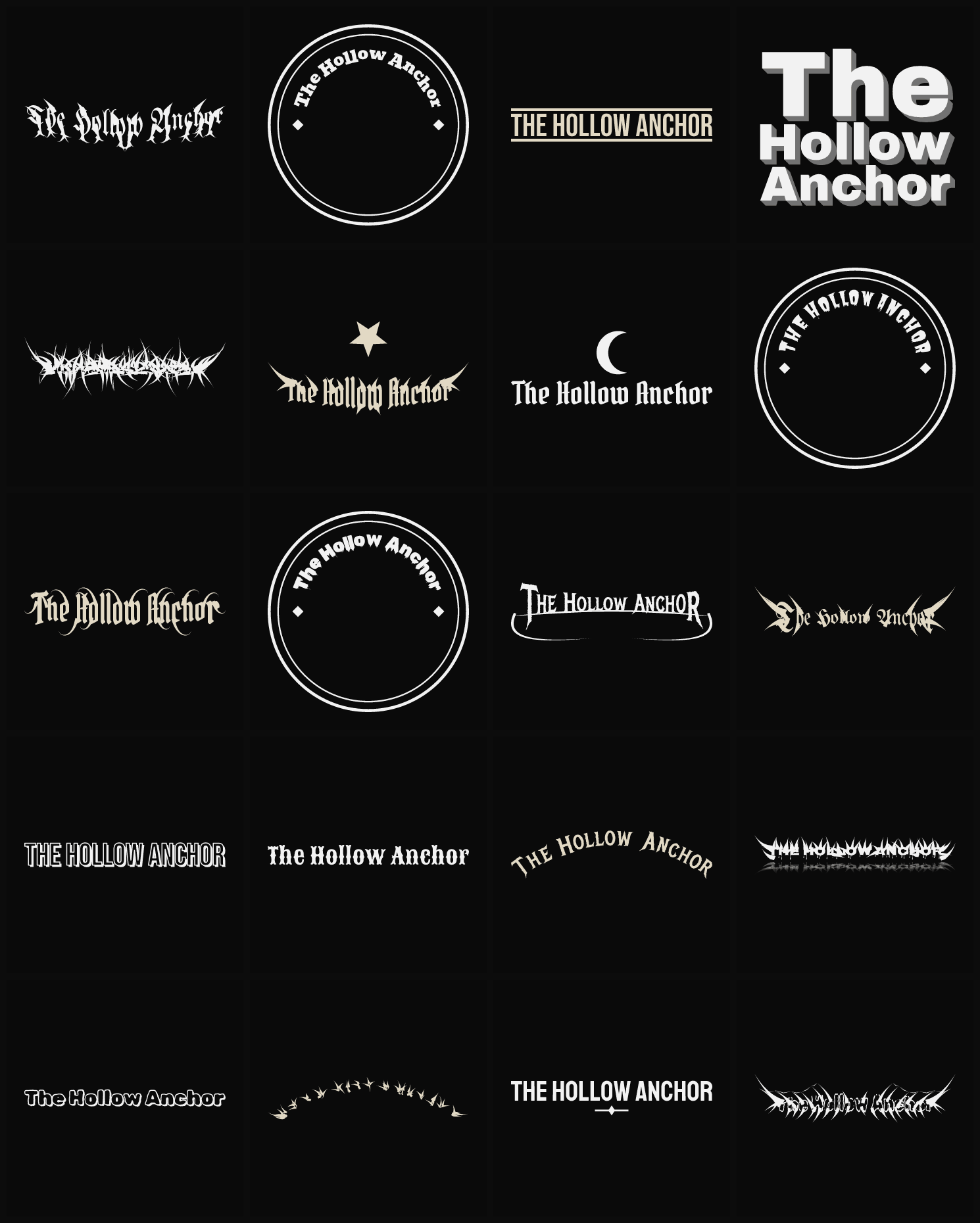 Twenty The Hollow Anchor band logo ideas — different faces, treatments and spike settings
