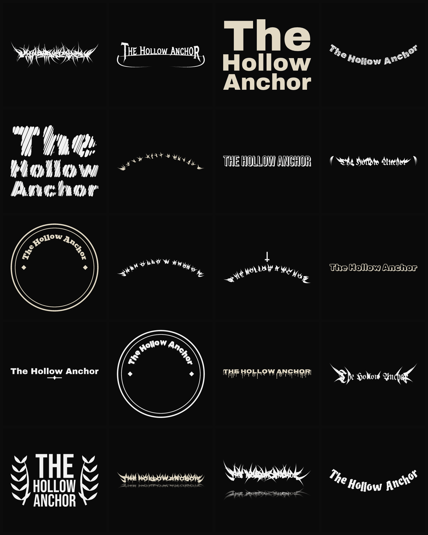 Twenty The Hollow Anchor band logo ideas — different faces, treatments and spike settings
