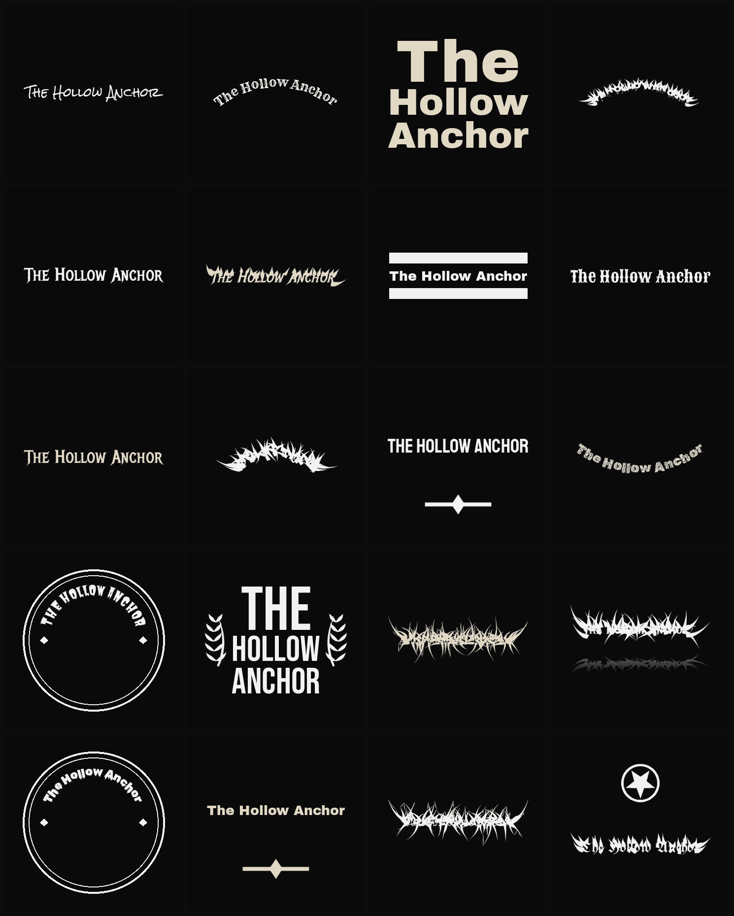 Twenty The Hollow Anchor band logo ideas — different faces, treatments and spike settings