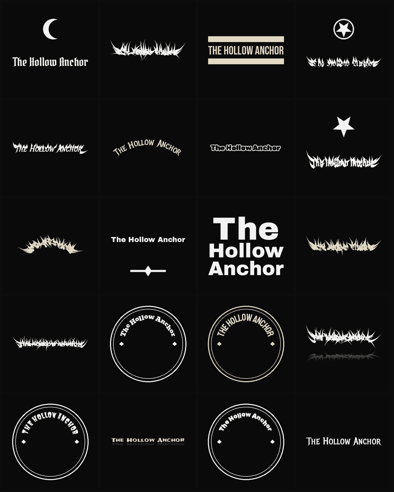 Twenty The Hollow Anchor band logo ideas — different faces, treatments and spike settings