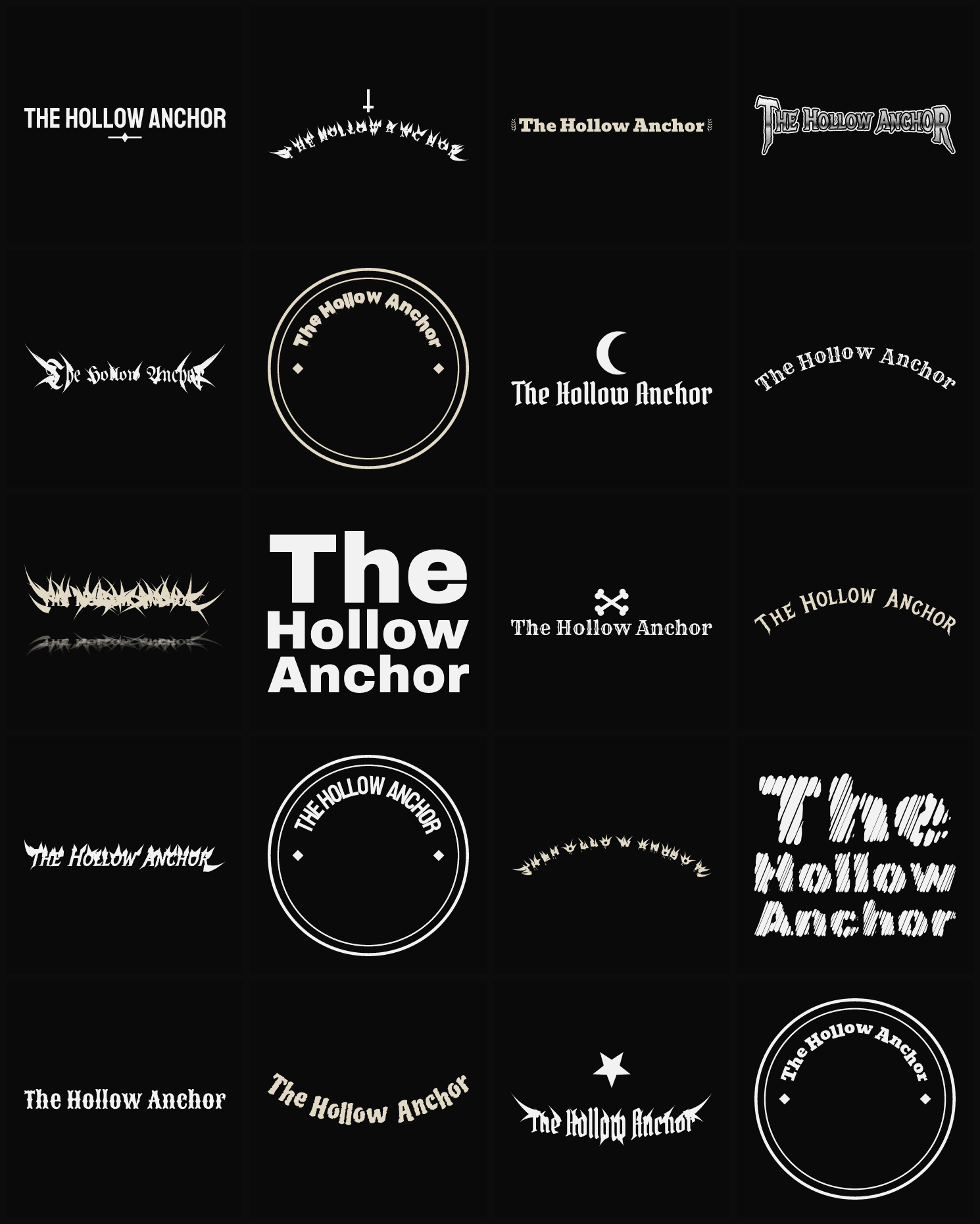 Twenty The Hollow Anchor band logo ideas — different faces, treatments and spike settings