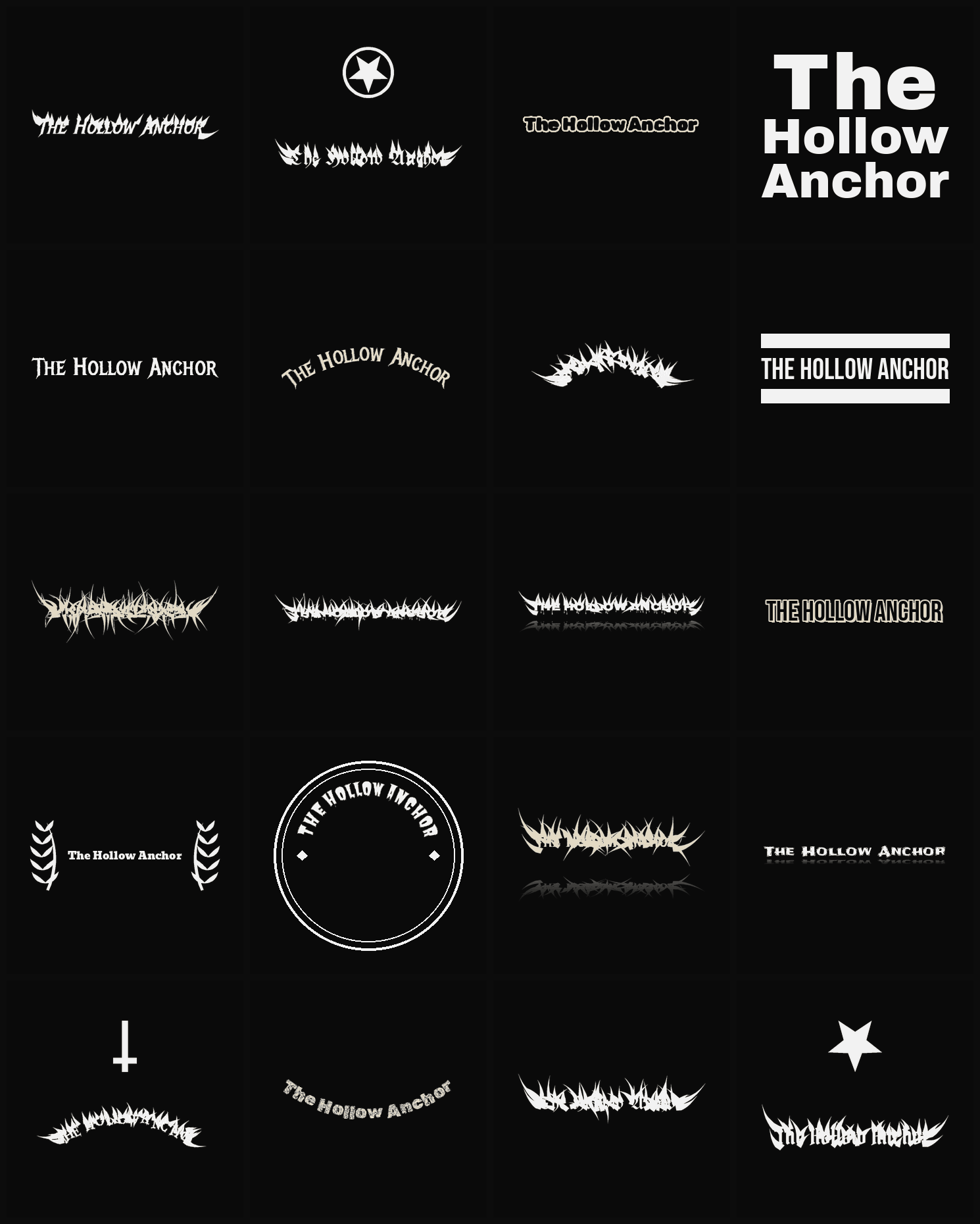 Twenty The Hollow Anchor band logo ideas — different faces, treatments and spike settings