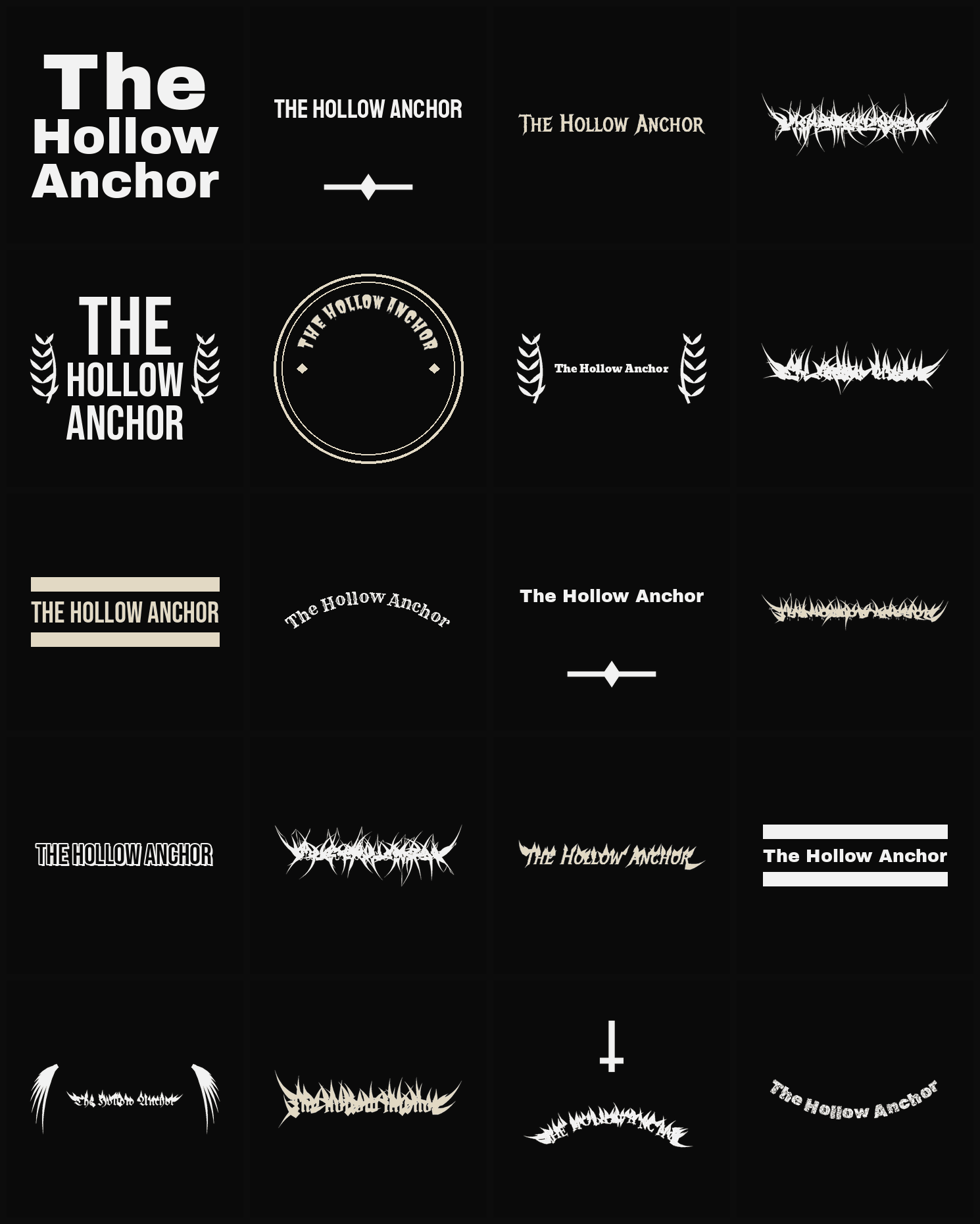 Twenty The Hollow Anchor band logo ideas — different faces, treatments and spike settings