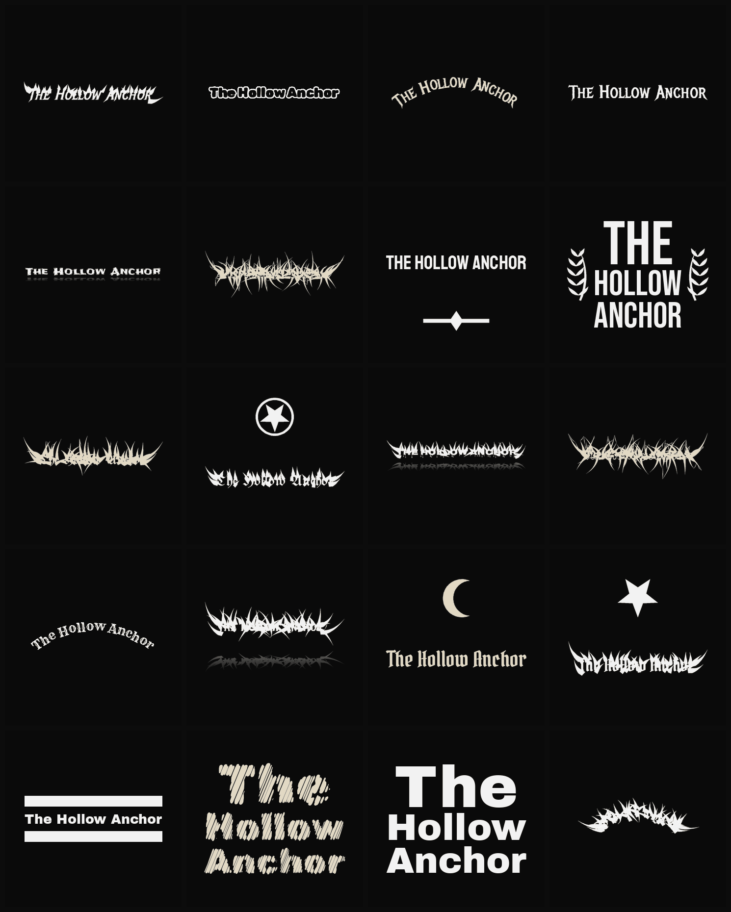 Twenty The Hollow Anchor band logo ideas — different faces, treatments and spike settings