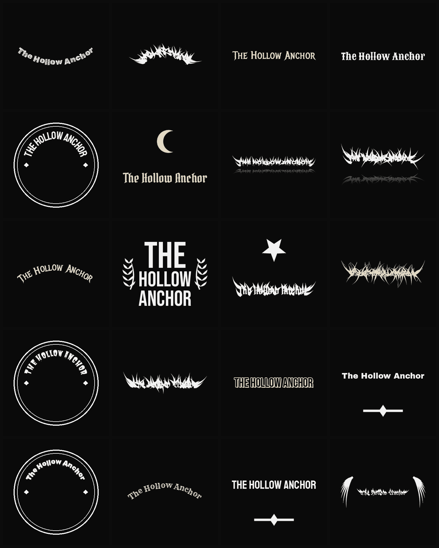 Twenty The Hollow Anchor band logo ideas — different faces, treatments and spike settings