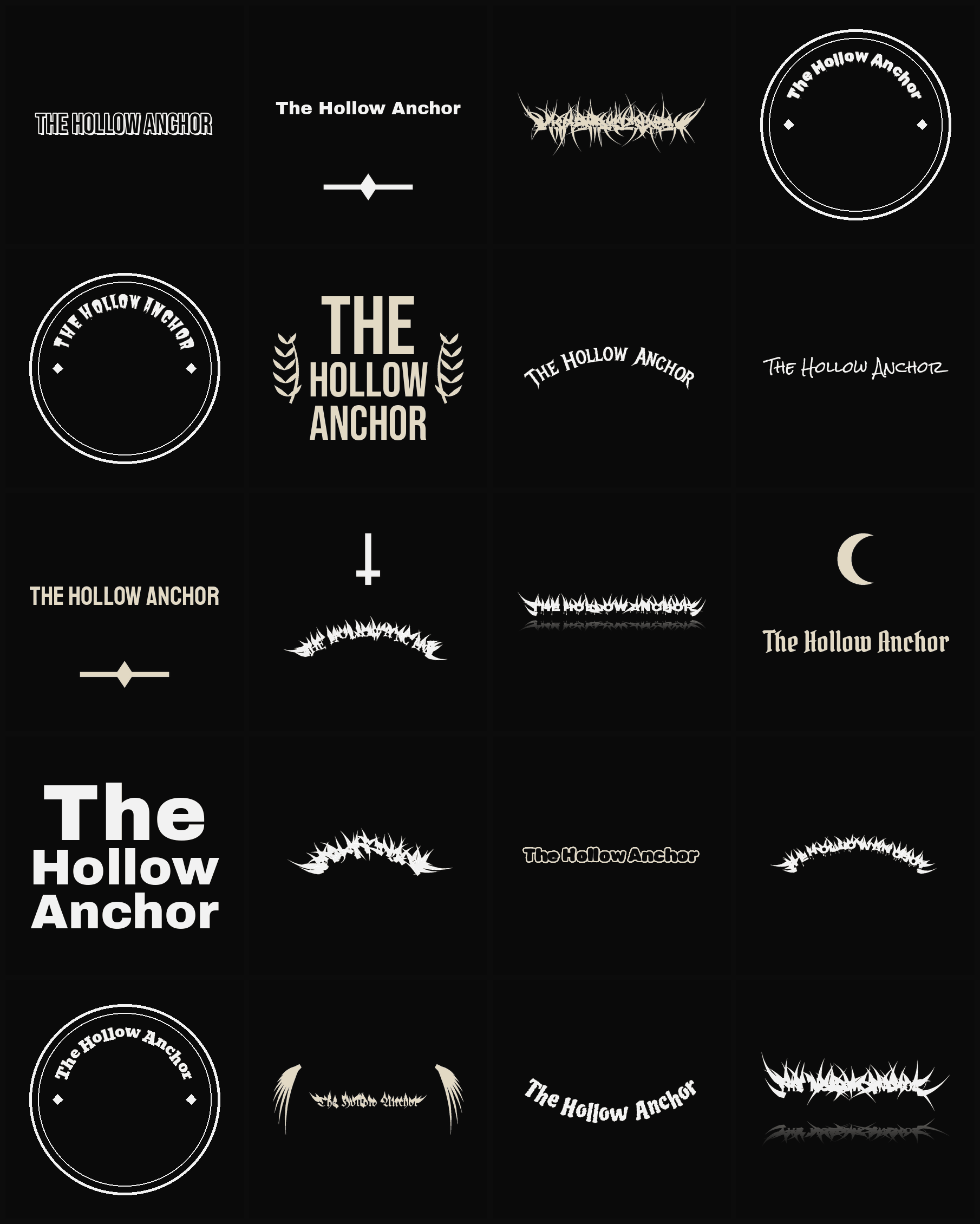 Twenty The Hollow Anchor band logo ideas — different faces, treatments and spike settings