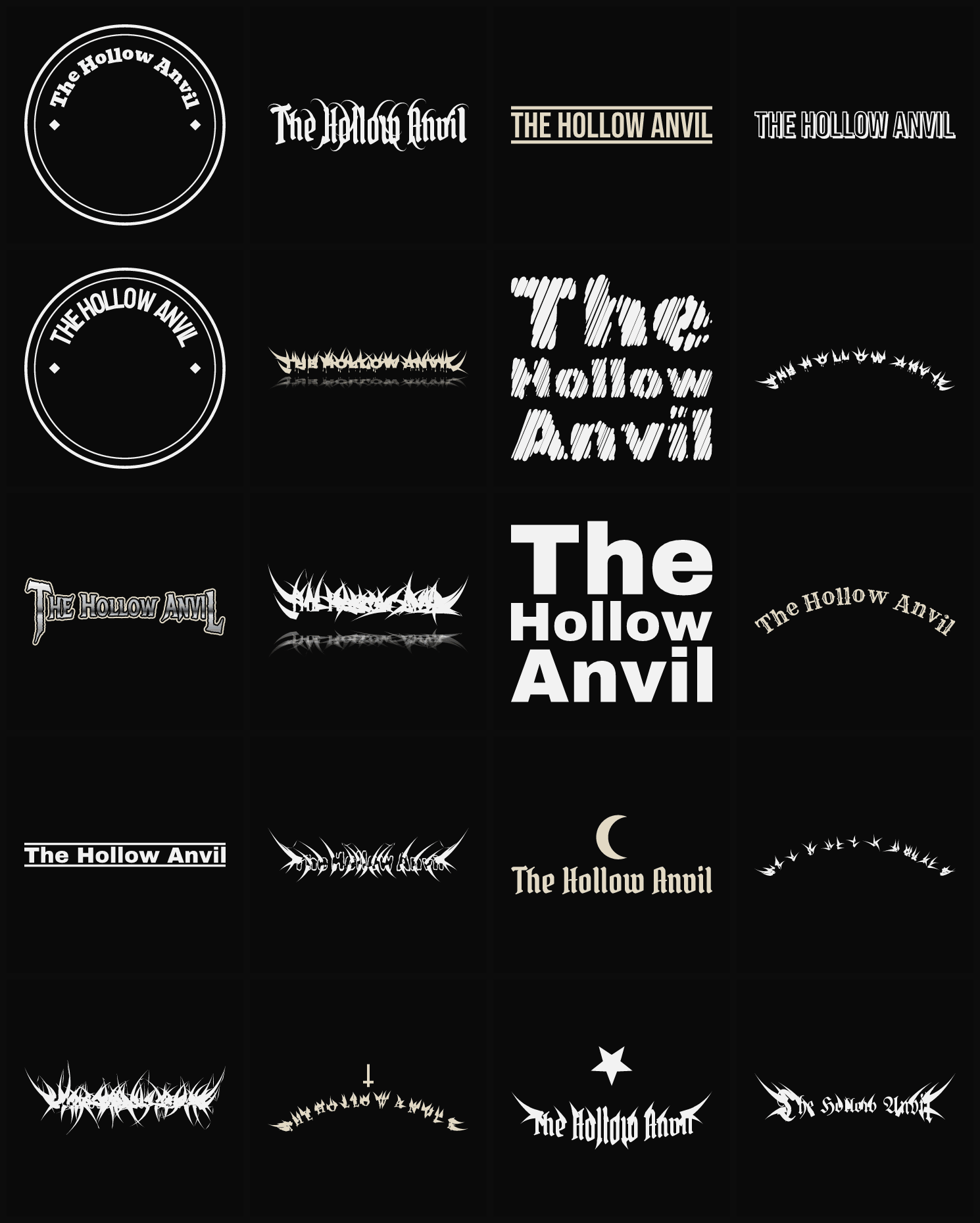 Twenty The Hollow Anvil band logo ideas — different faces, treatments and spike settings