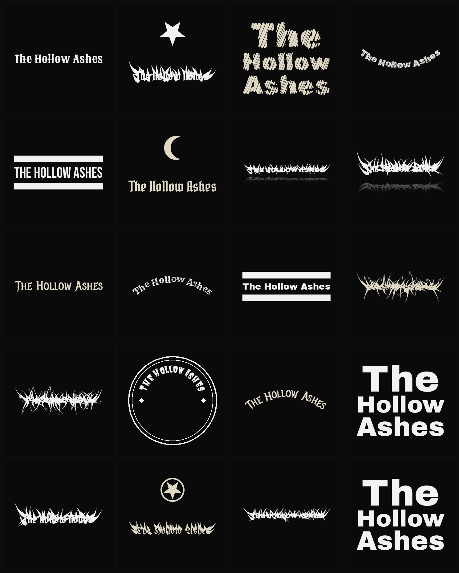 Twenty The Hollow Ashes band logo ideas — different faces, treatments and spike settings