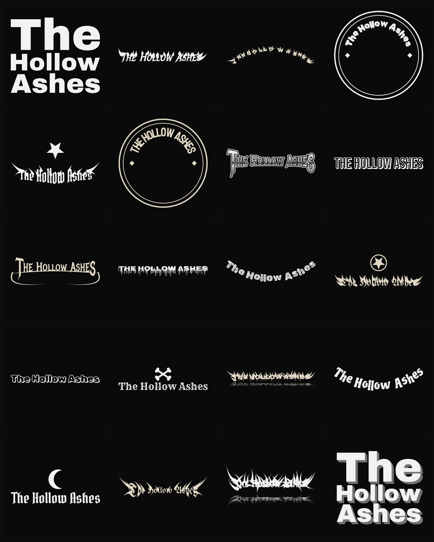 Twenty The Hollow Ashes band logo ideas — different faces, treatments and spike settings