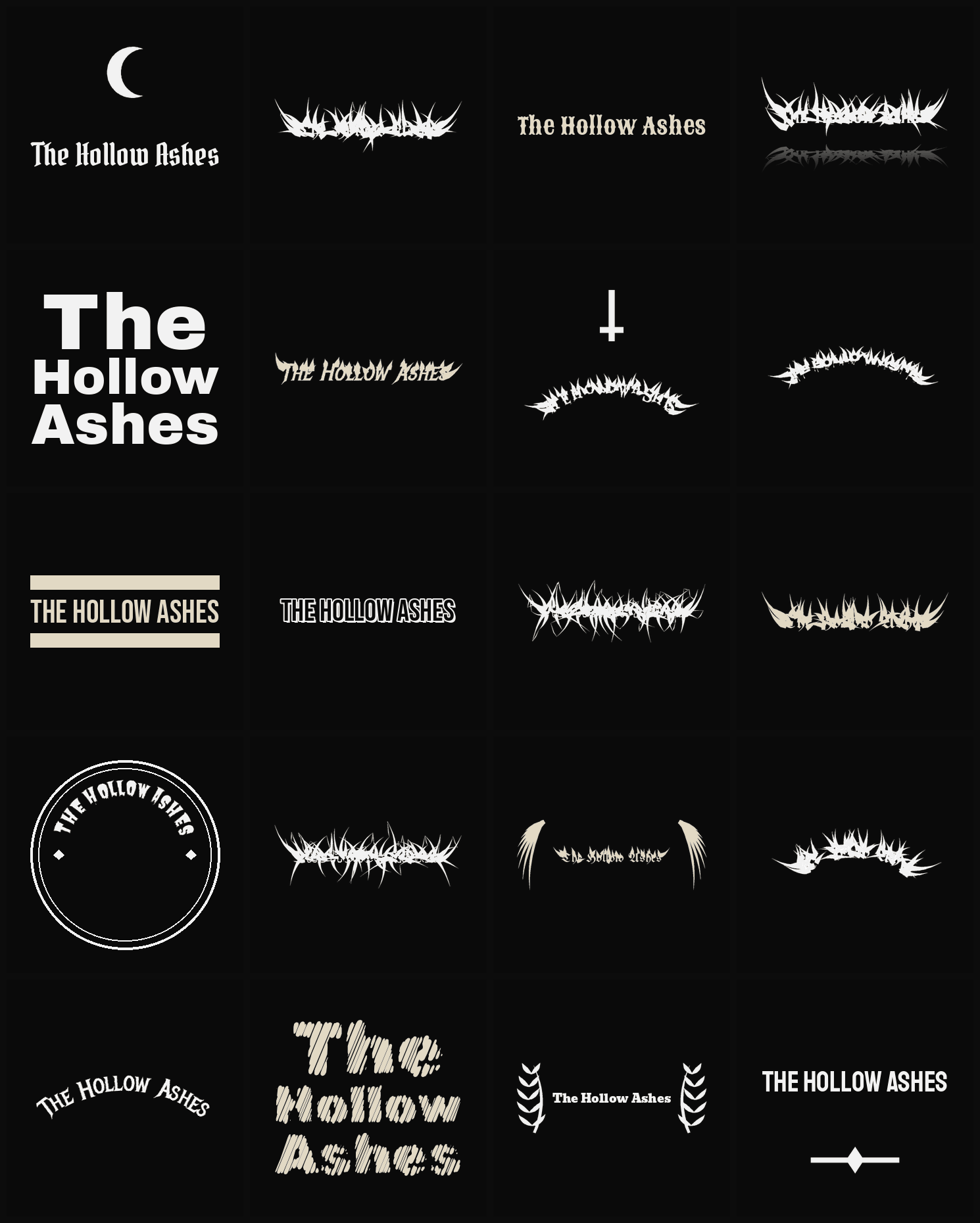 Twenty The Hollow Ashes band logo ideas — different faces, treatments and spike settings