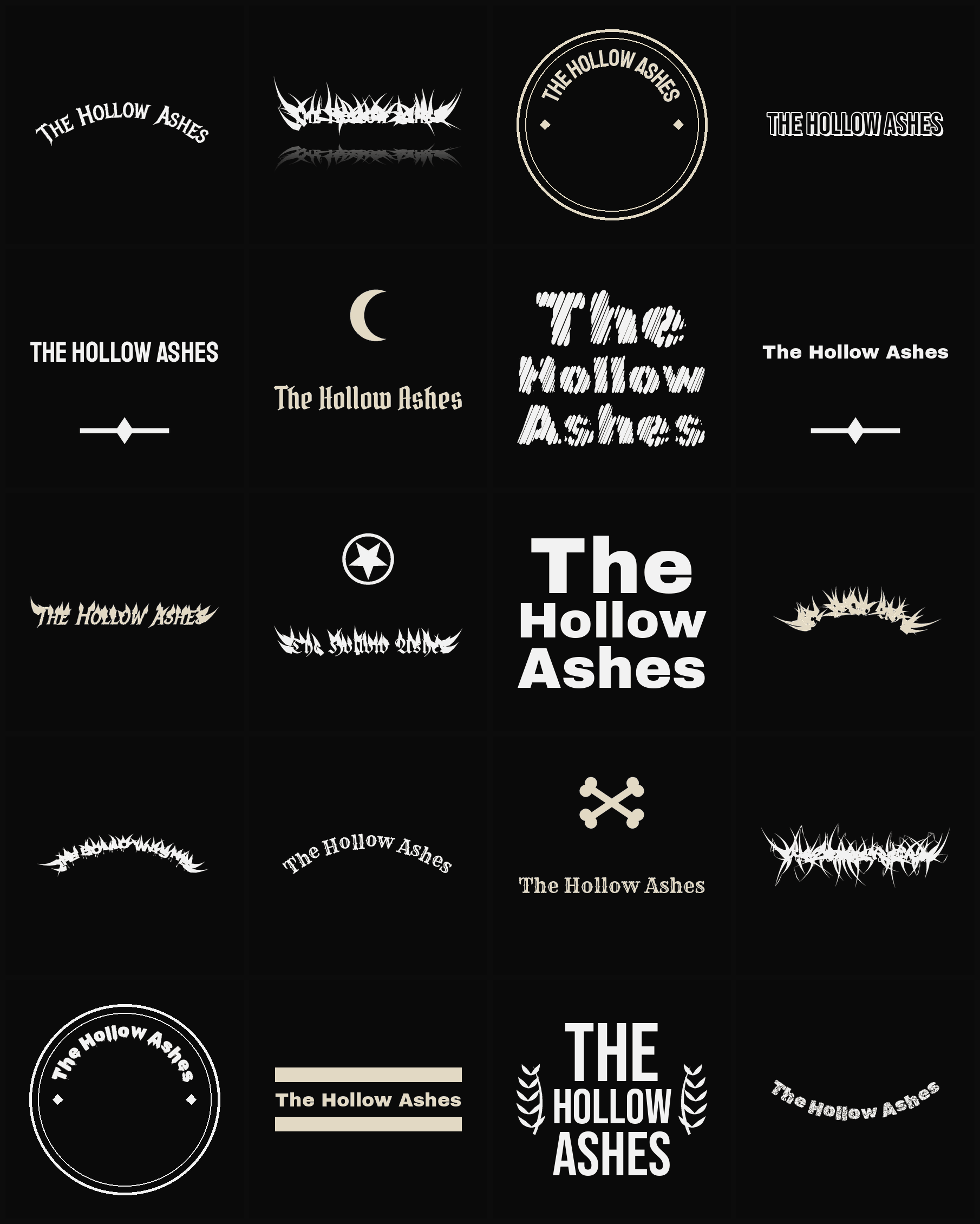 Twenty The Hollow Ashes band logo ideas — different faces, treatments and spike settings