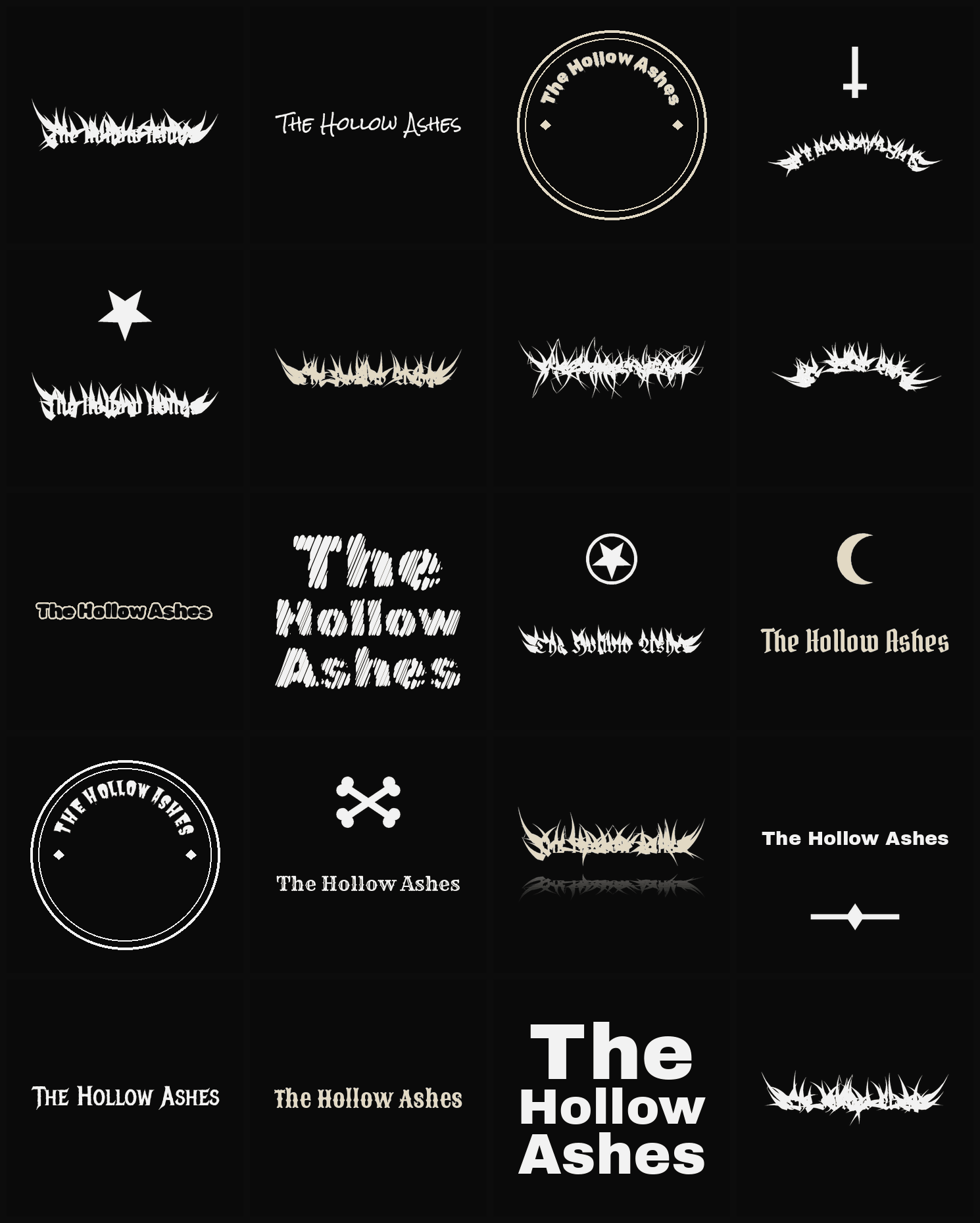 Twenty The Hollow Ashes band logo ideas — different faces, treatments and spike settings