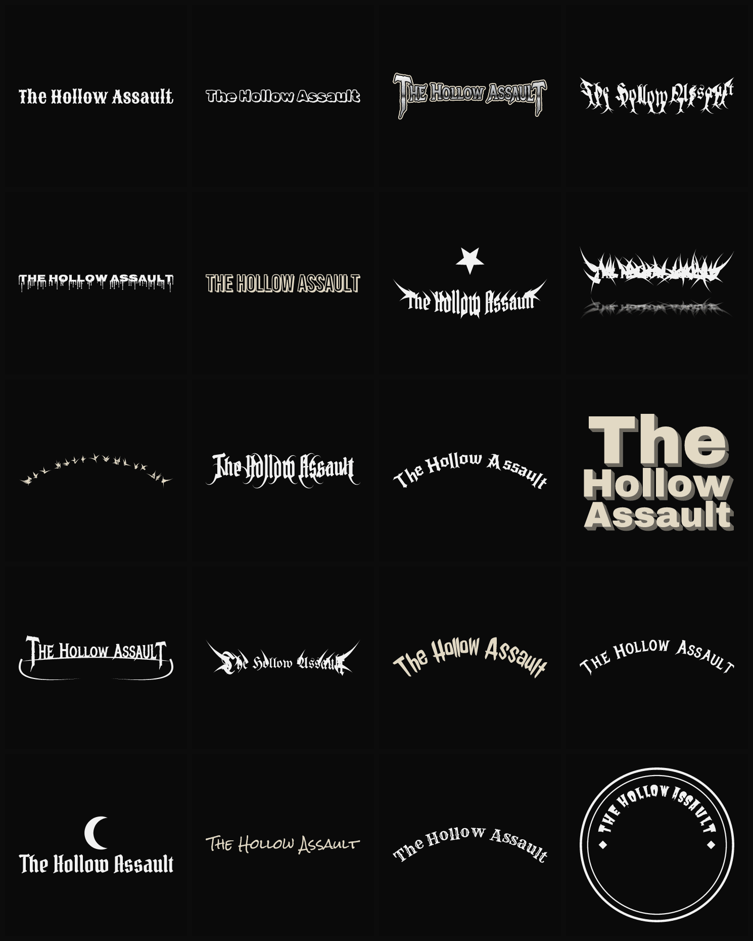 Twenty The Hollow Assault band logo ideas — different faces, treatments and spike settings