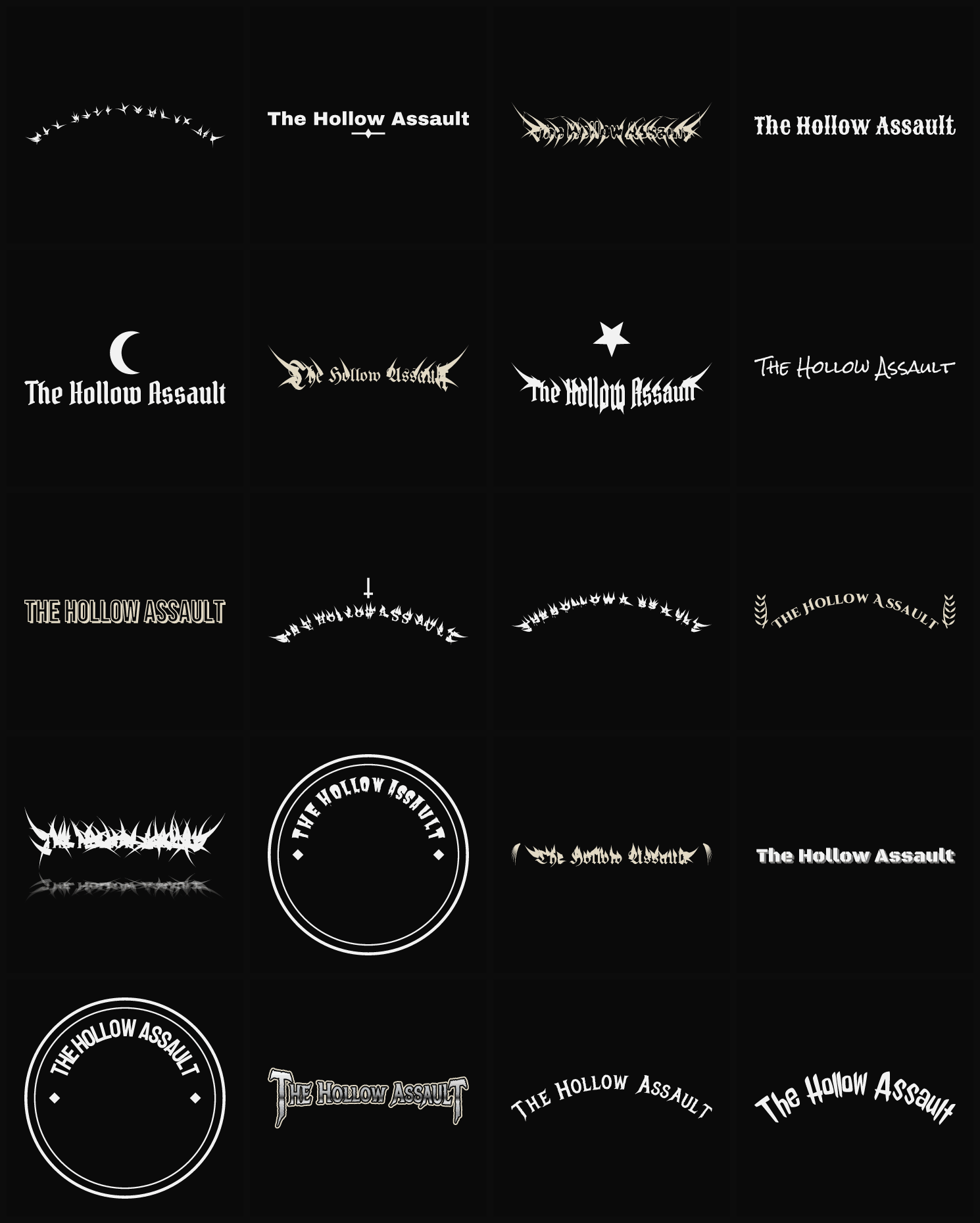 Twenty The Hollow Assault band logo ideas — different faces, treatments and spike settings