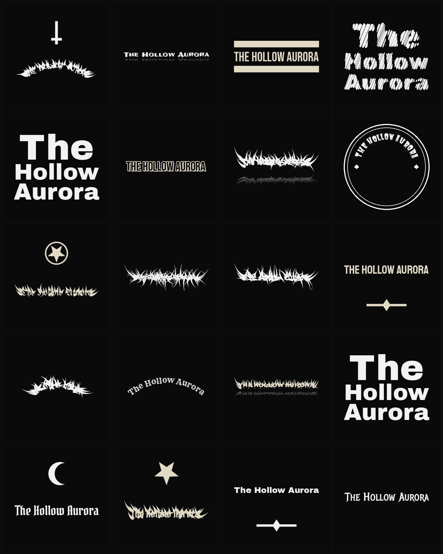 Twenty The Hollow Aurora band logo ideas — different faces, treatments and spike settings