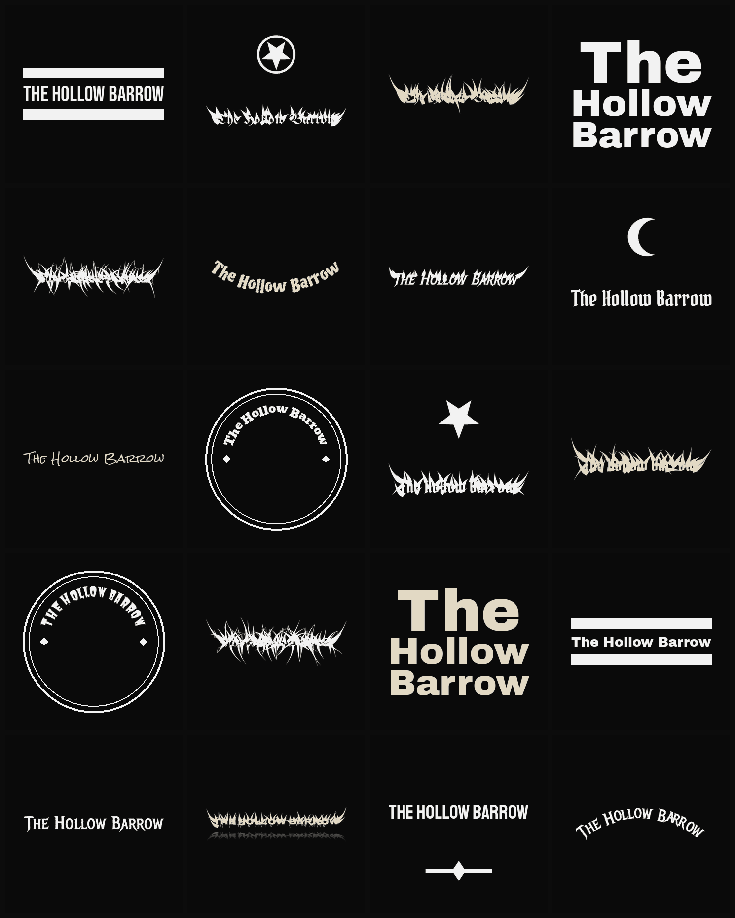 Twenty The Hollow Barrow band logo ideas — different faces, treatments and spike settings