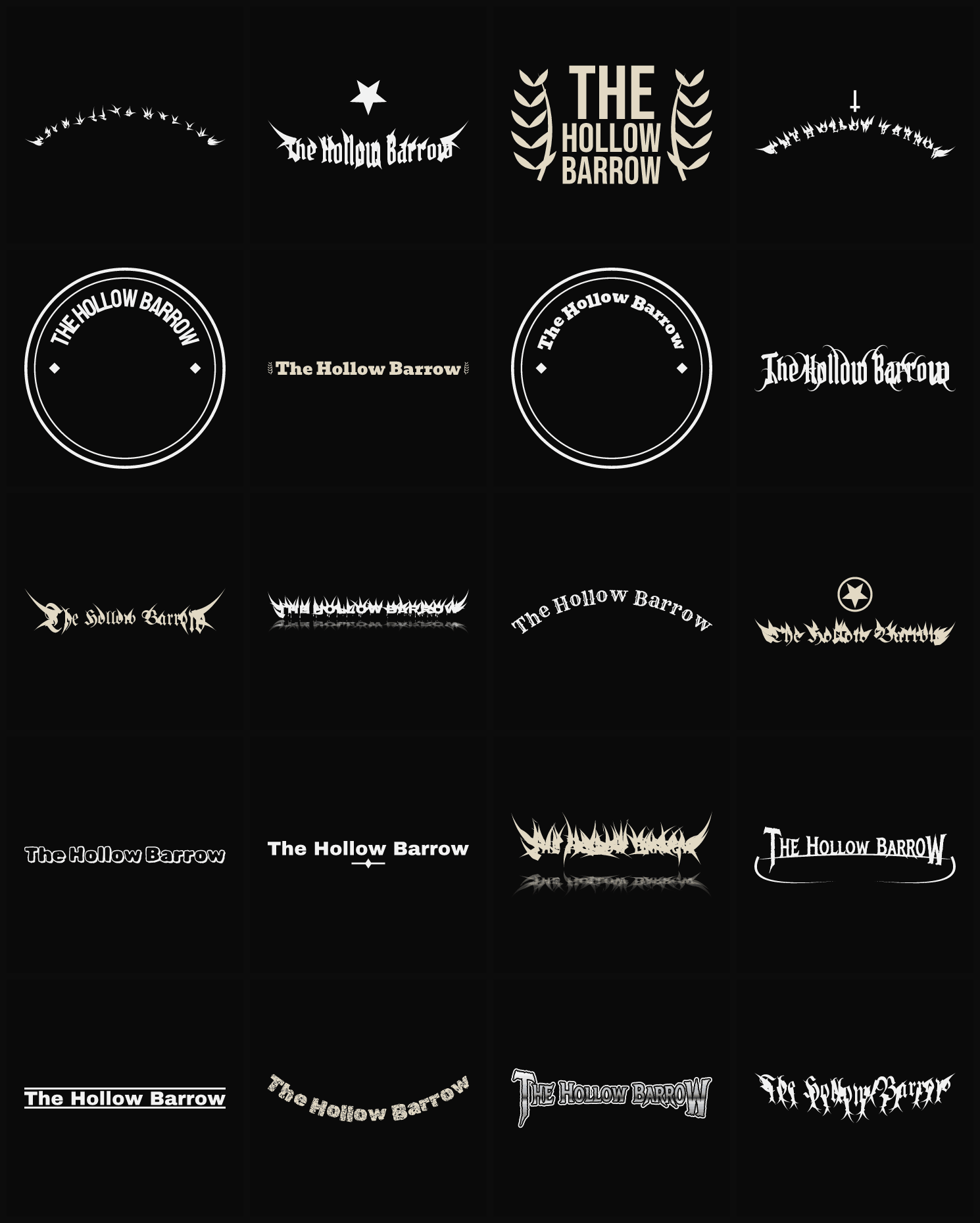 Twenty The Hollow Barrow band logo ideas — different faces, treatments and spike settings