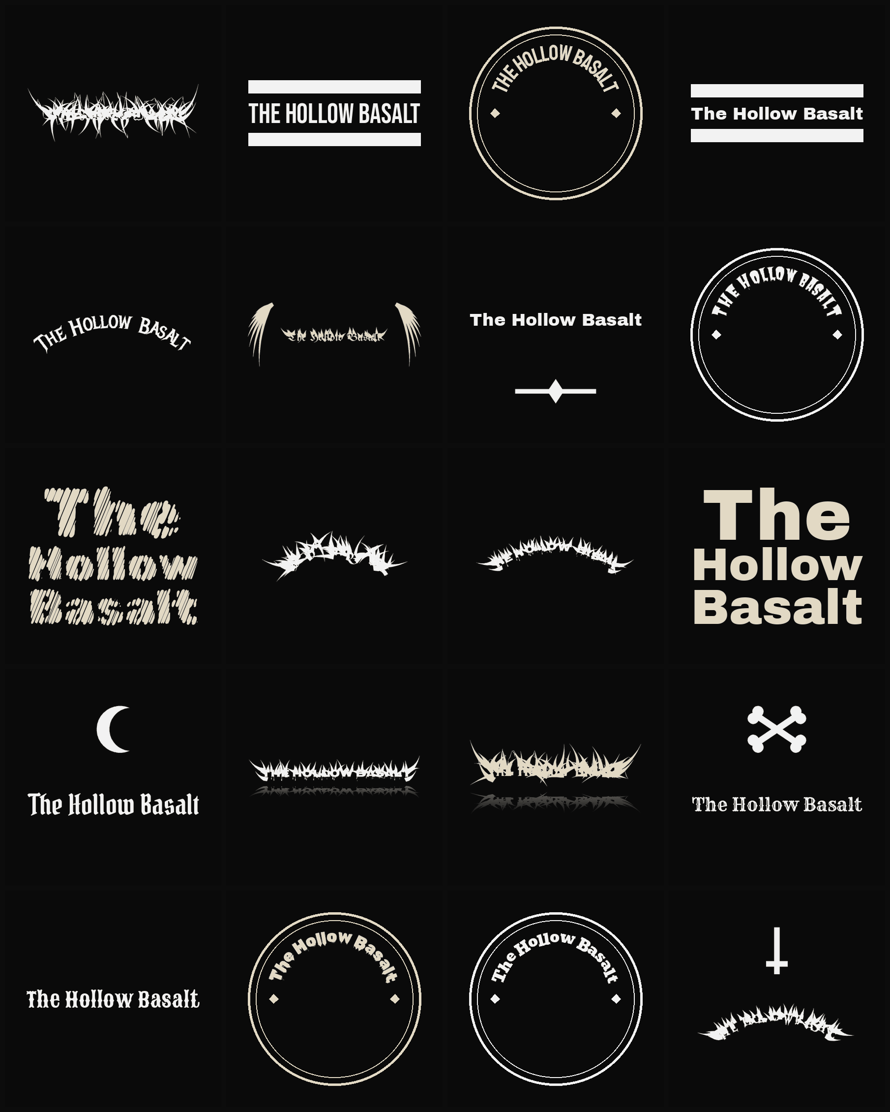 Twenty The Hollow Basalt band logo ideas — different faces, treatments and spike settings