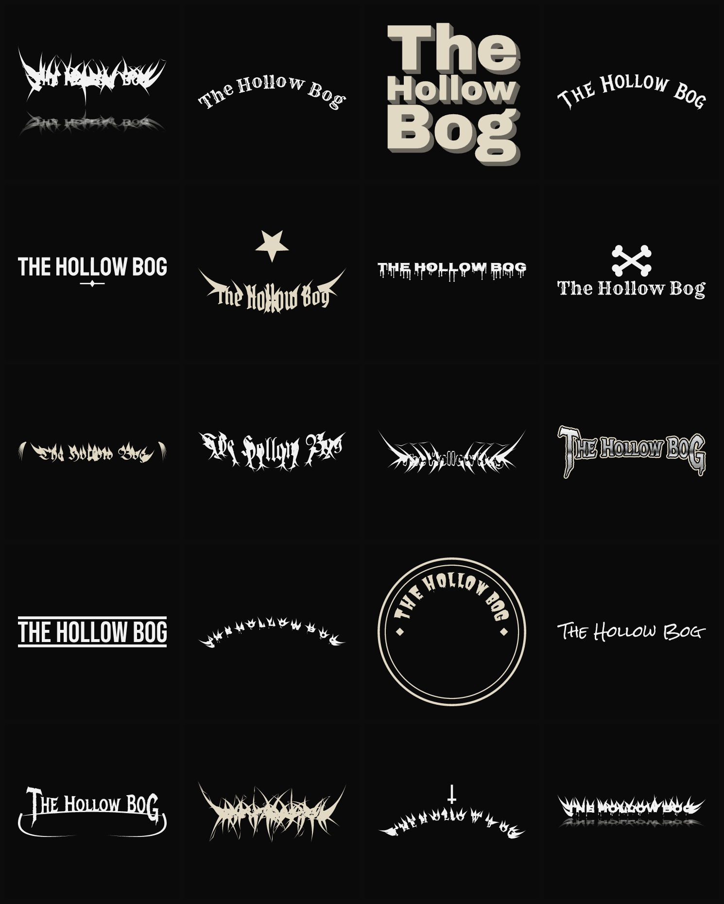 Twenty The Hollow Bog band logo ideas — different faces, treatments and spike settings