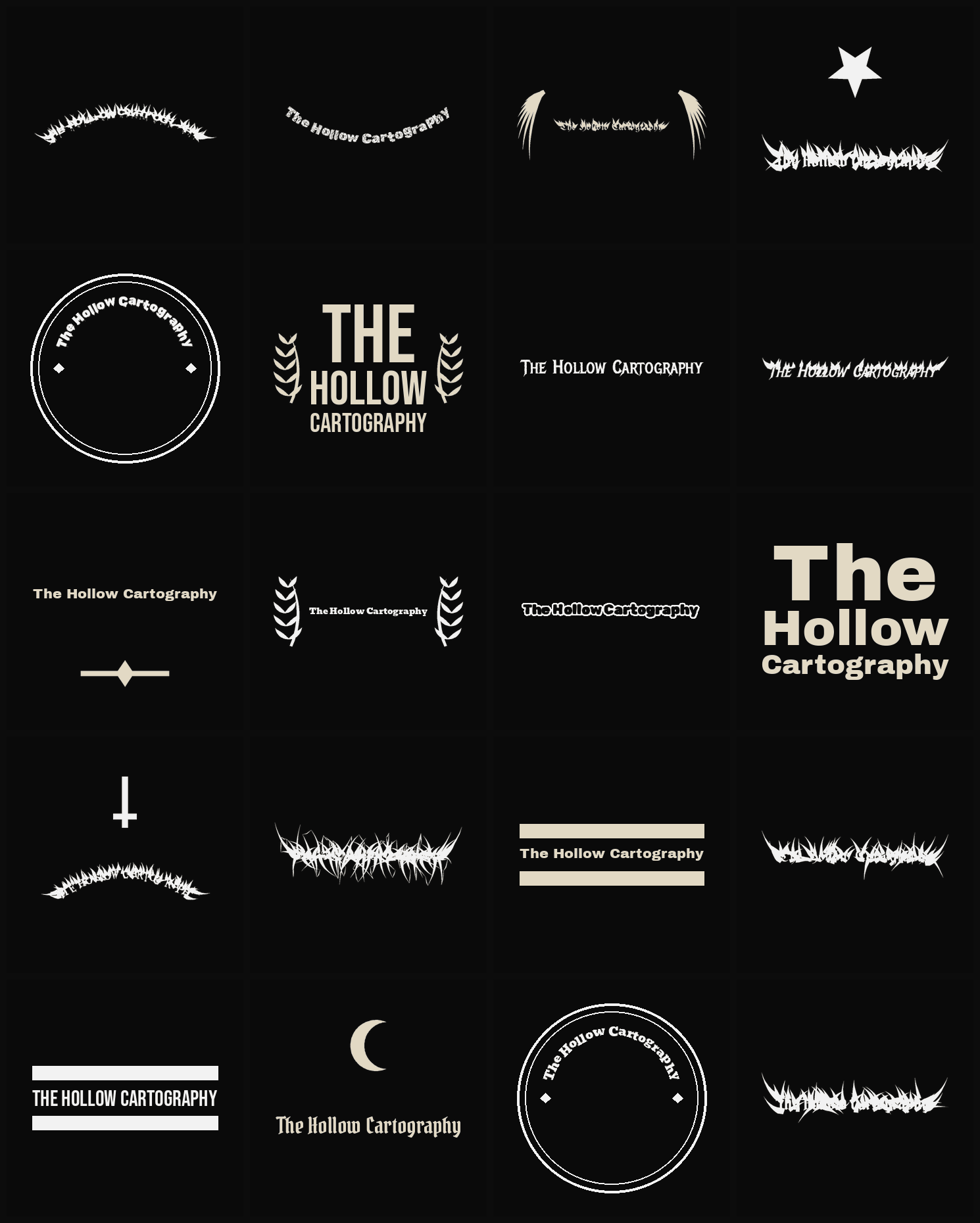 Twenty The Hollow Cartography band logo ideas — different faces, treatments and spike settings