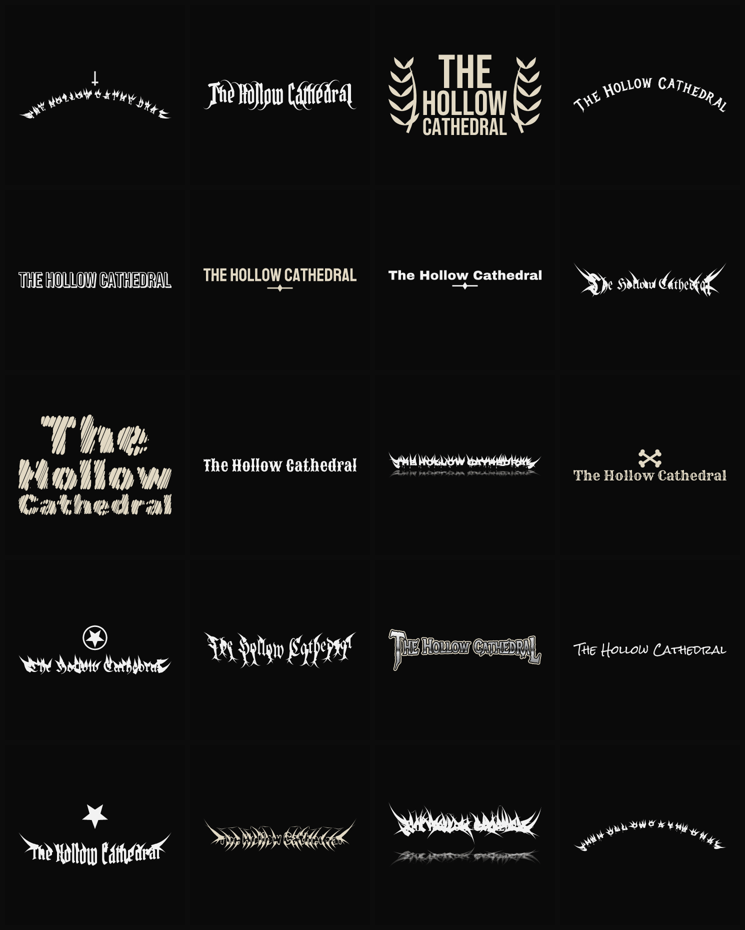 Twenty The Hollow Cathedral band logo ideas — different faces, treatments and spike settings