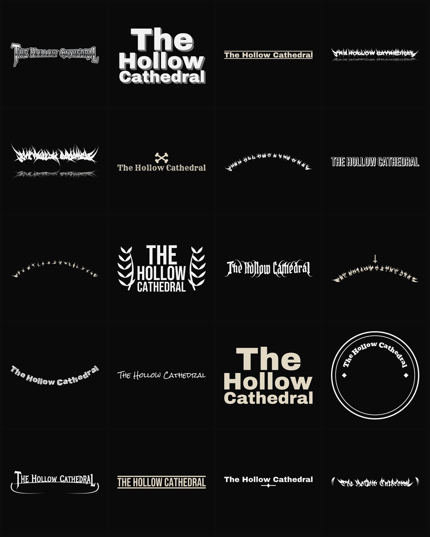 Twenty The Hollow Cathedral band logo ideas — different faces, treatments and spike settings
