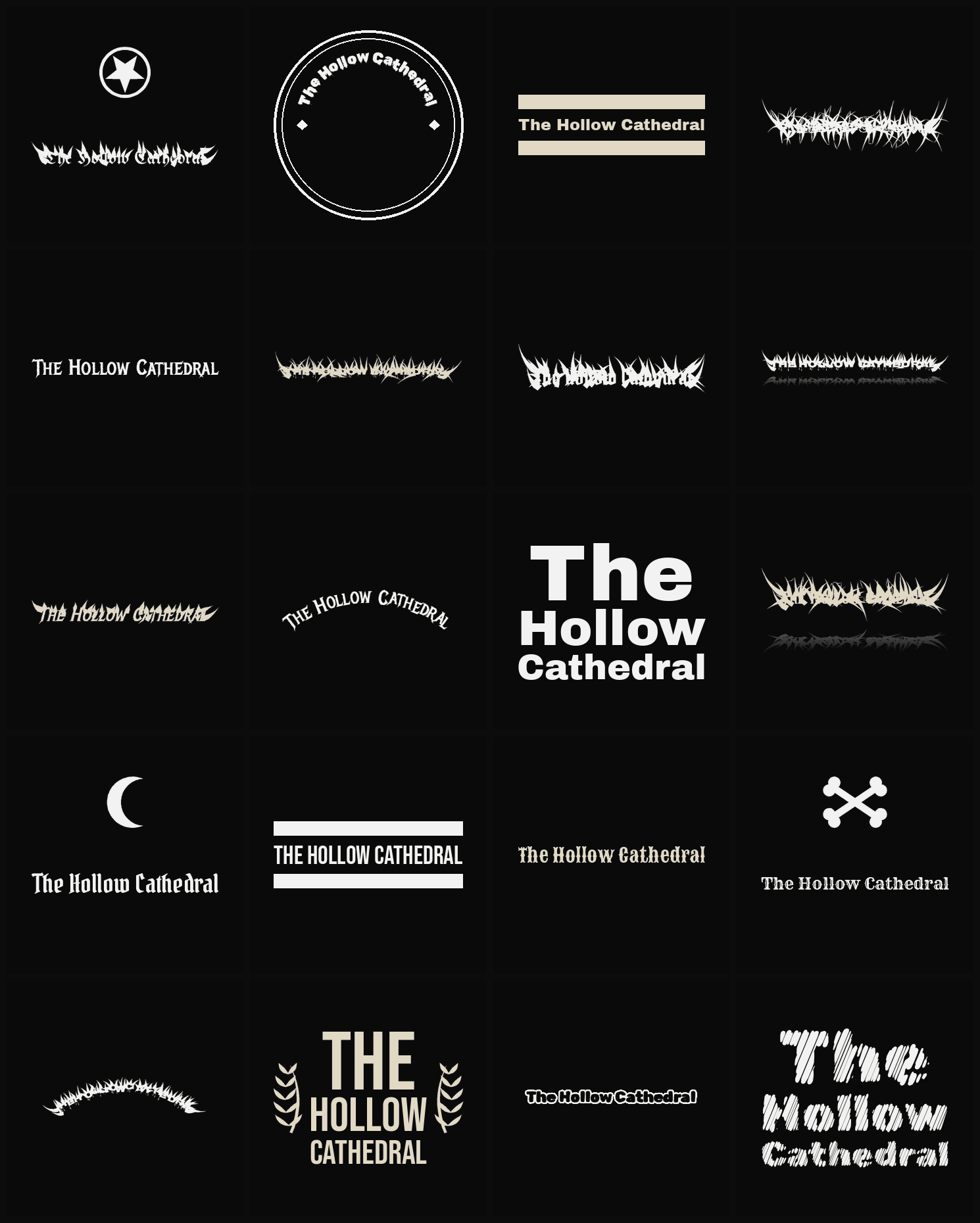 Twenty The Hollow Cathedral band logo ideas — different faces, treatments and spike settings