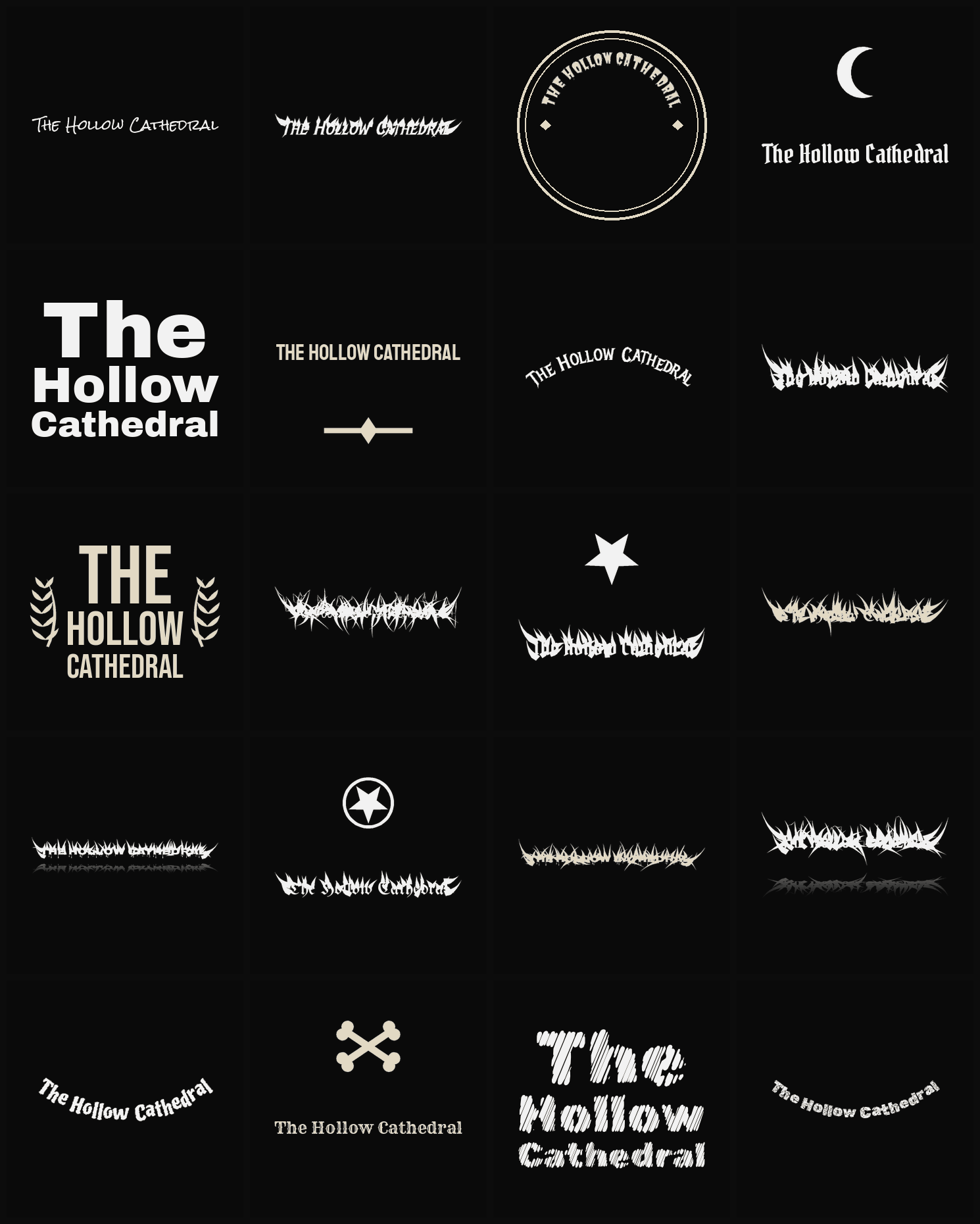 Twenty The Hollow Cathedral band logo ideas — different faces, treatments and spike settings