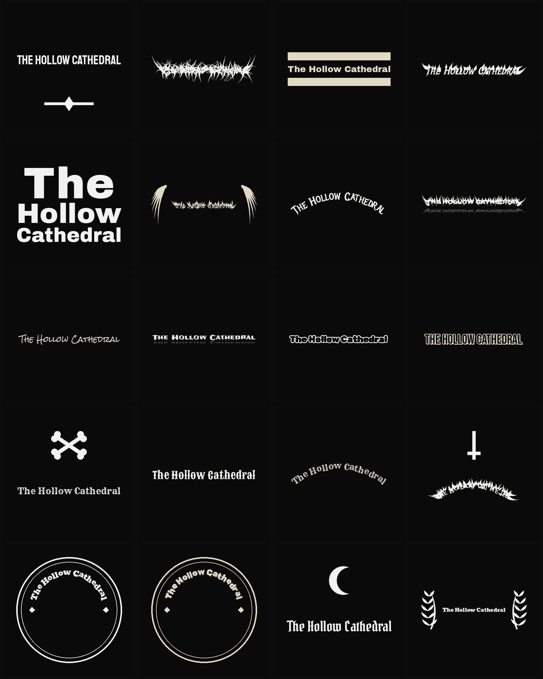 Twenty The Hollow Cathedral band logo ideas — different faces, treatments and spike settings