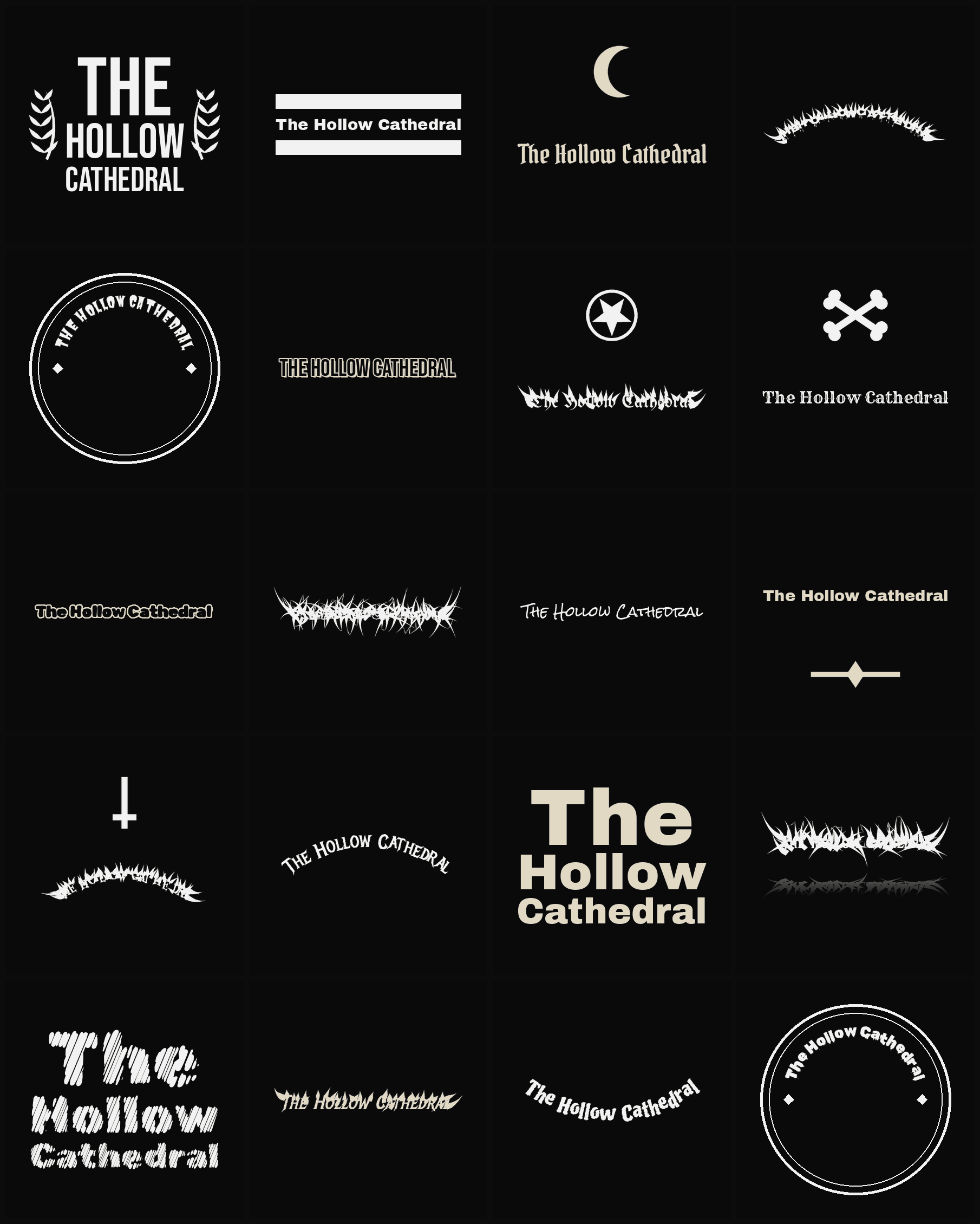 Twenty The Hollow Cathedral band logo ideas — different faces, treatments and spike settings