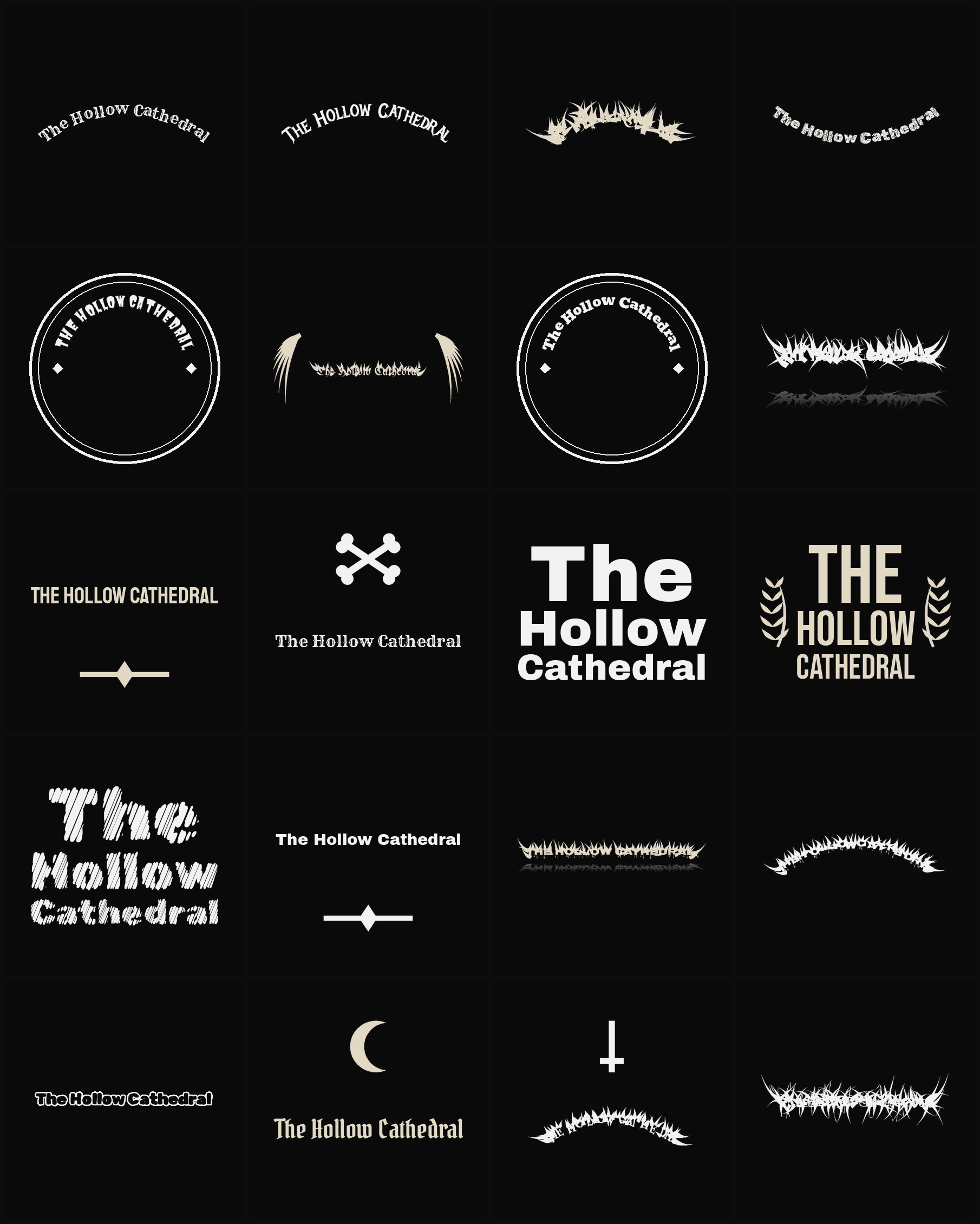Twenty The Hollow Cathedral band logo ideas — different faces, treatments and spike settings